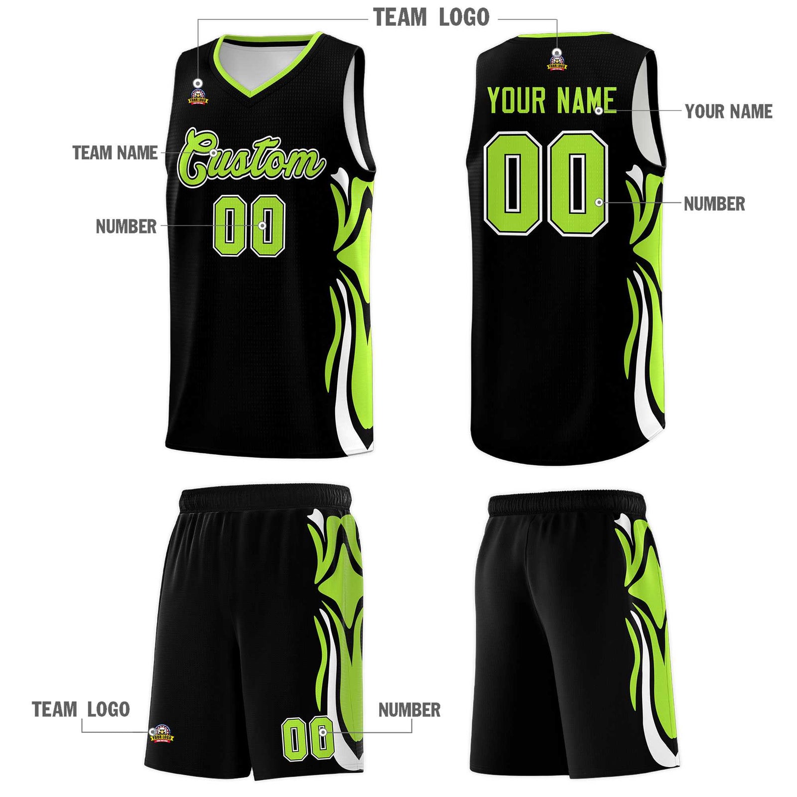 Custom Black Light Green-White Graffiti Pattern Side Curve Pattern Sports Uniform Basketball Jersey Sets
