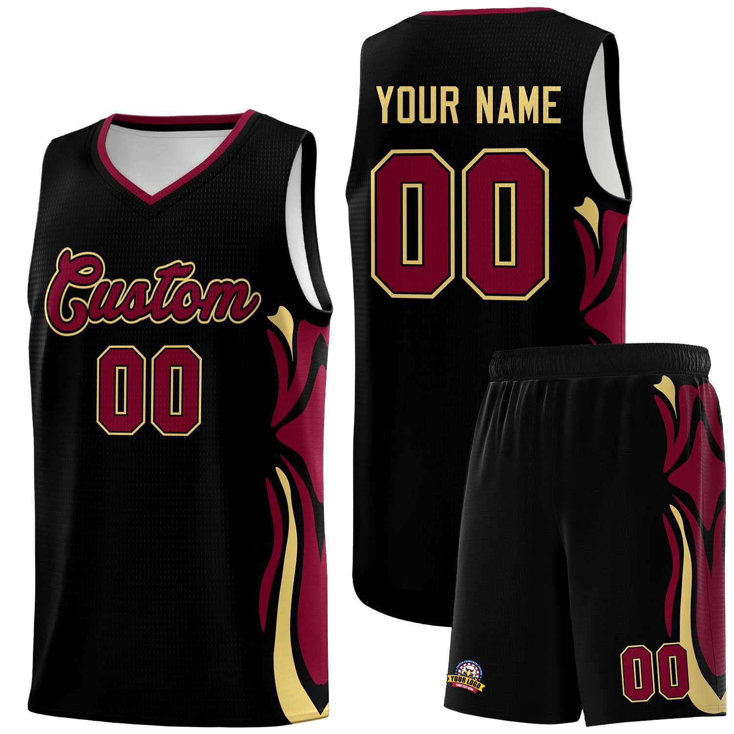 Custom Black Crimson-Khaki Graffiti Pattern Side Curve Pattern Sports Uniform Basketball Jersey Sets