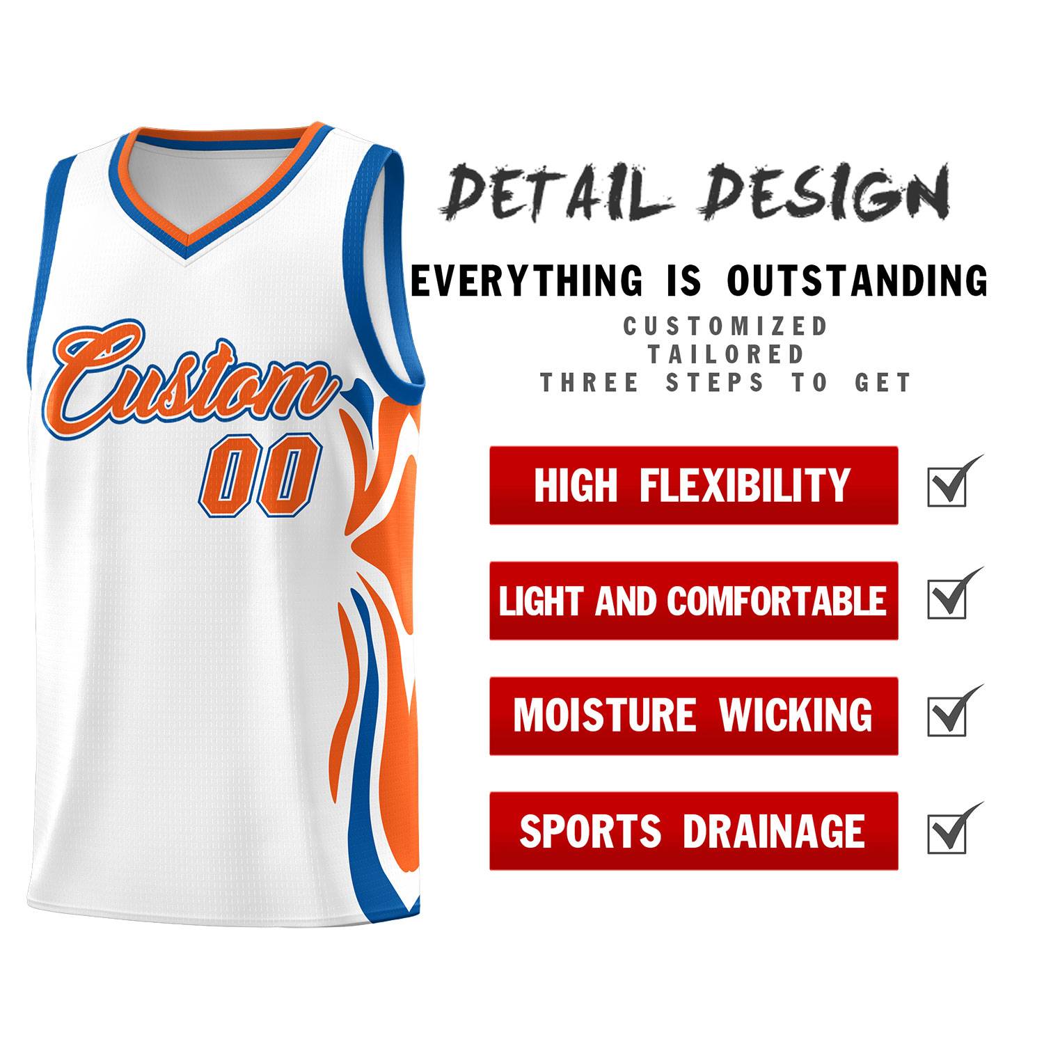 Custom White Orange-Royal Graffiti Pattern Side Curve Pattern Sports Uniform Basketball Jersey Sets