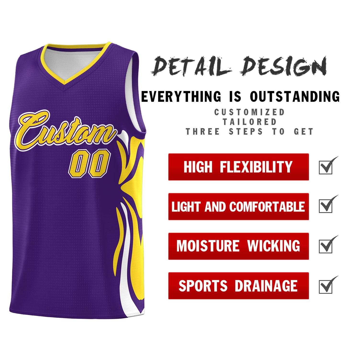Custom Purple Gold-White Graffiti Pattern Side Curve Pattern Sports Uniform Basketball Jersey Sets