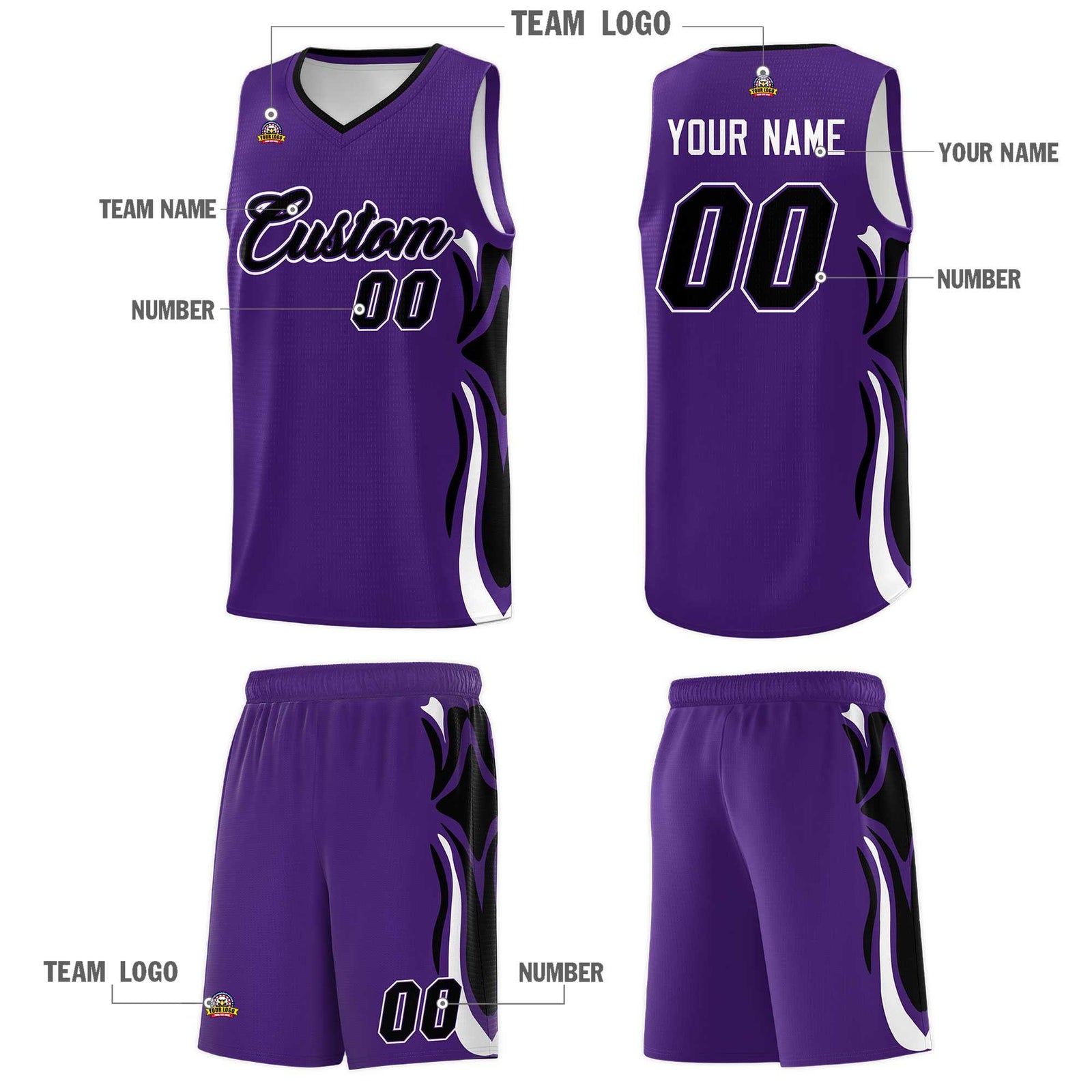 Custom Purple Black-White Graffiti Pattern Side Curve Pattern Sports Uniform Basketball Jersey Sets
