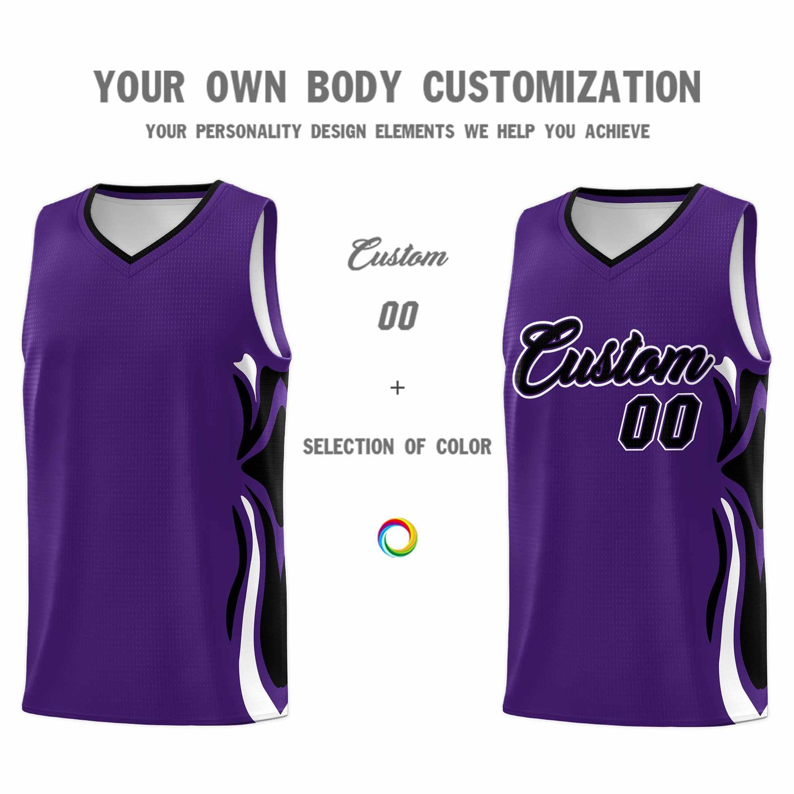 Custom Purple Black-White Graffiti Pattern Side Curve Pattern Sports Uniform Basketball Jersey Sets