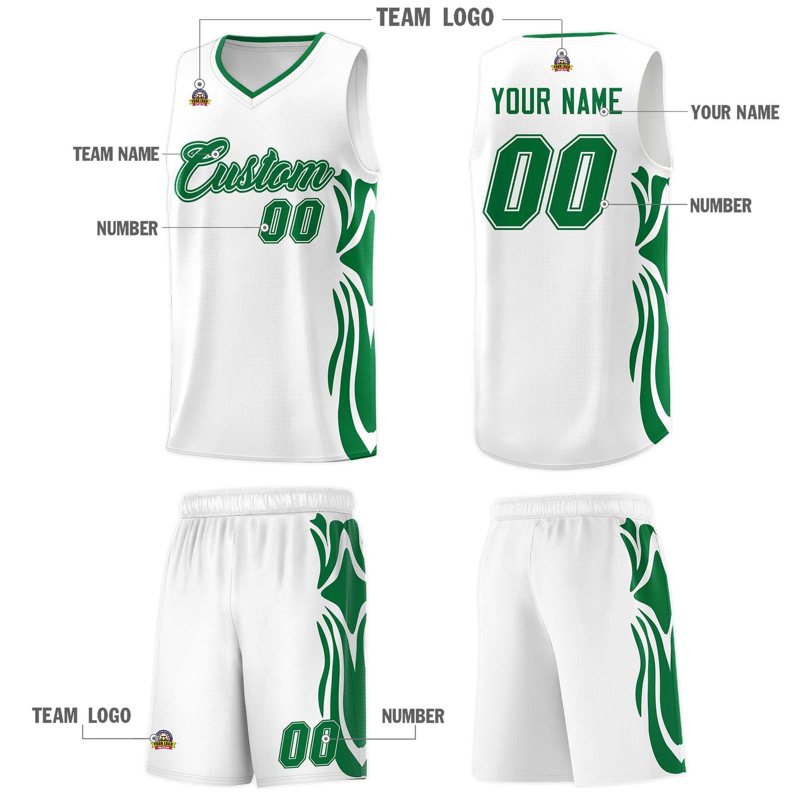 Custom White Kelly Green-Kelly Green Graffiti Pattern Side Curve Pattern Sports Uniform Basketball Jersey Sets