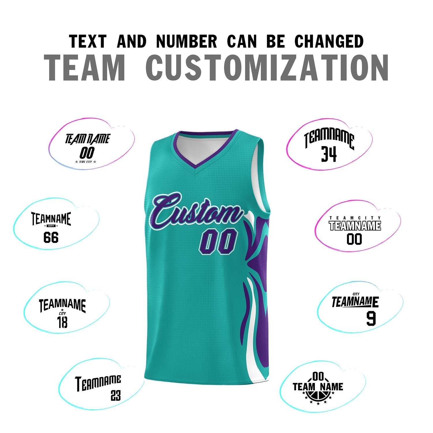 Custom Aqua Purple-White Graffiti Pattern Side Curve Pattern Sports Uniform Basketball Jersey Sets