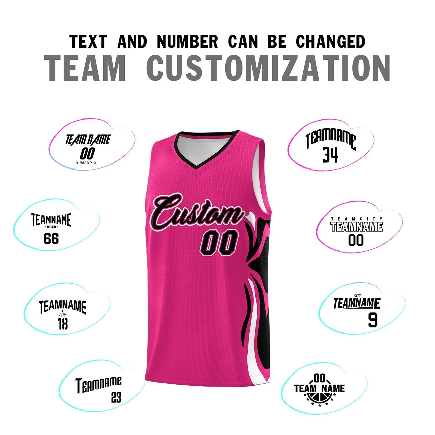 Custom Pink Black-White Graffiti Pattern Side Curve Pattern Sports Uniform Basketball Jersey Sets