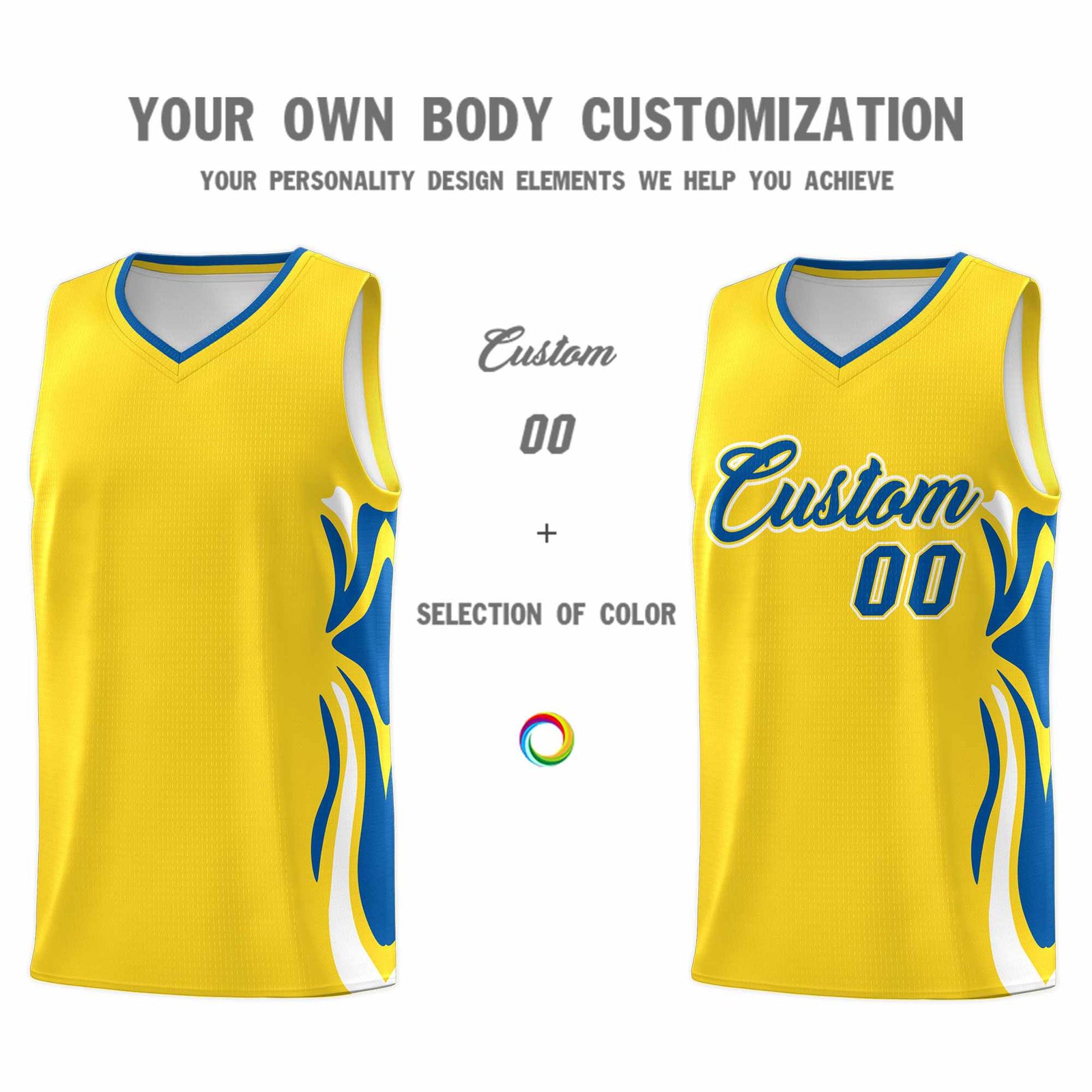 Custom Gold Royal-White Graffiti Pattern Side Curve Pattern Sports Uniform Basketball Jersey Sets
