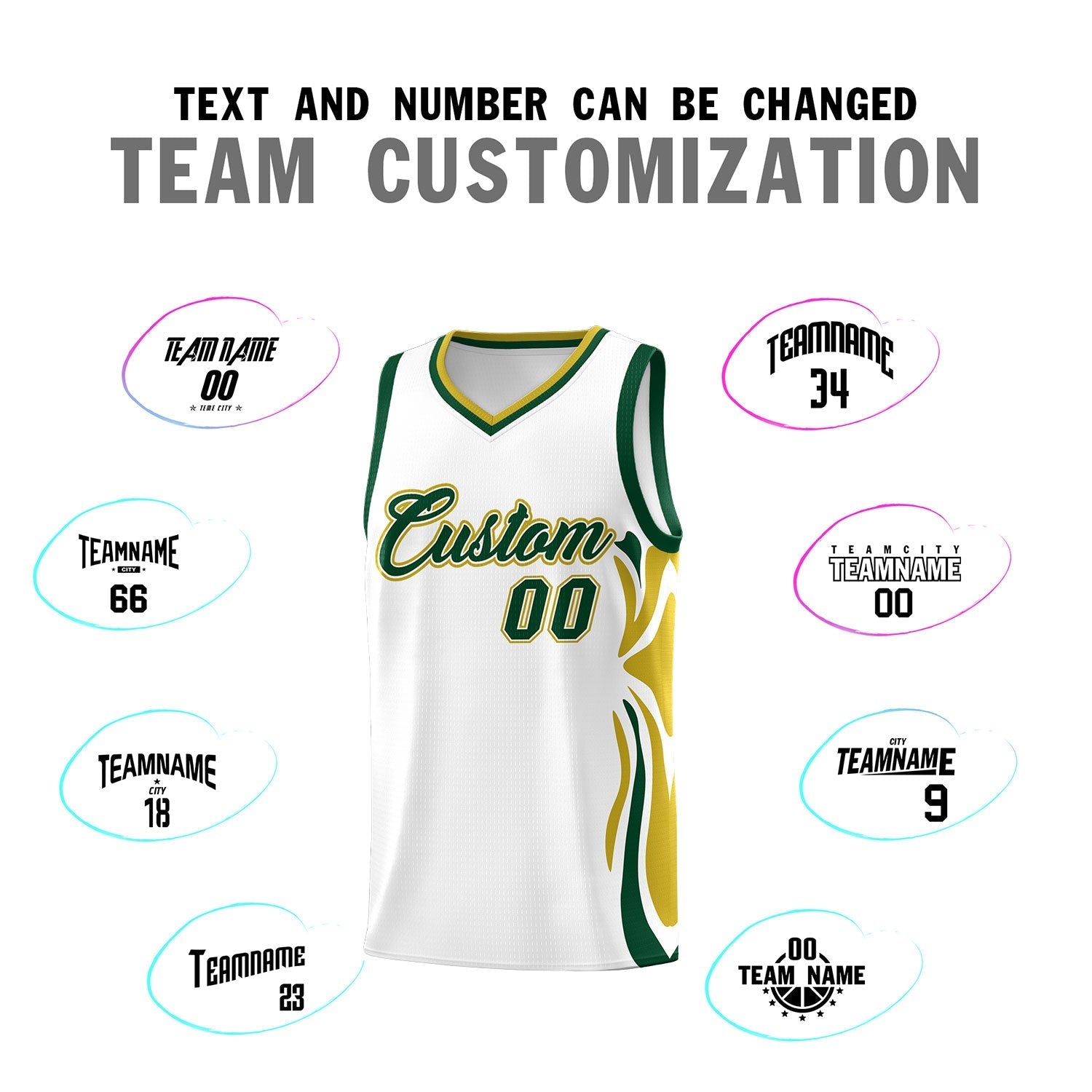 Custom White Green-Old Gold Graffiti Pattern Side Curve Pattern Sports Uniform Basketball Jersey Sets