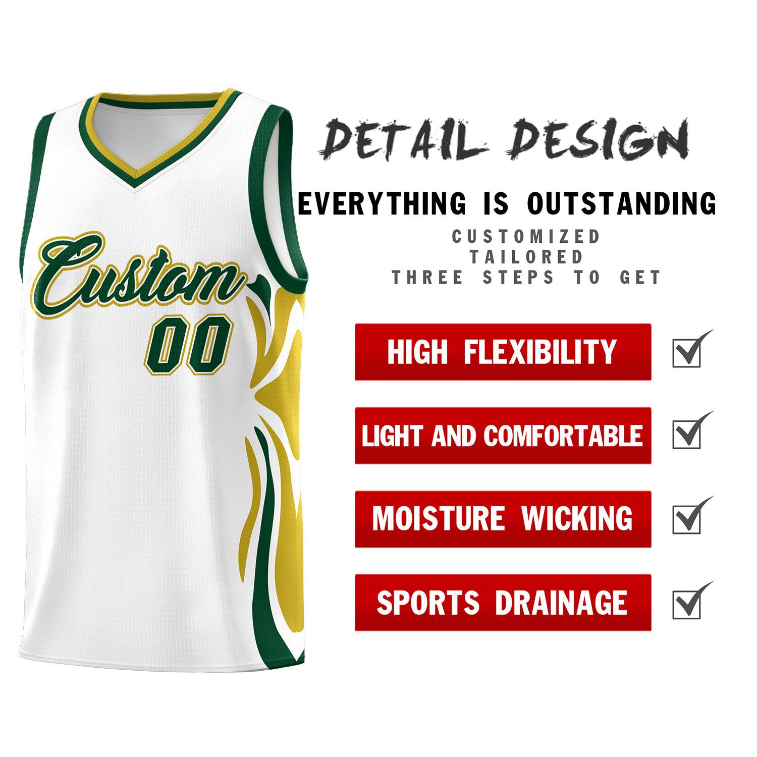 Custom White Green-Old Gold Graffiti Pattern Side Curve Pattern Sports Uniform Basketball Jersey Sets