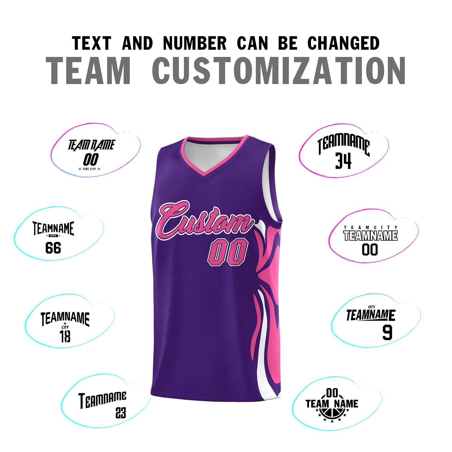 Custom Purple Pink-White Graffiti Pattern Side Curve Pattern Sports Uniform Basketball Jersey Sets