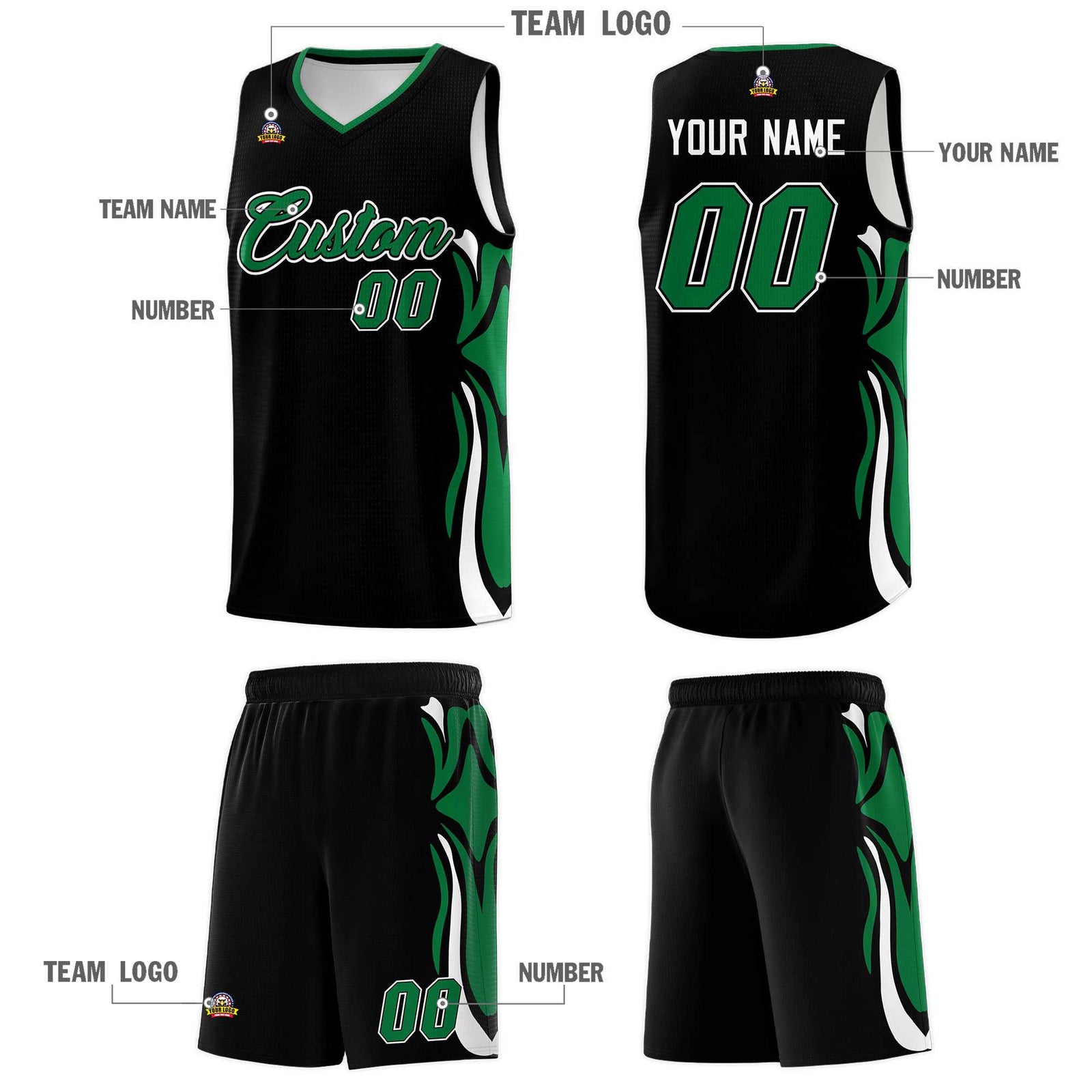 Custom Black Kelly Green-White Graffiti Pattern Side Curve Pattern Sports Uniform Basketball Jersey Sets