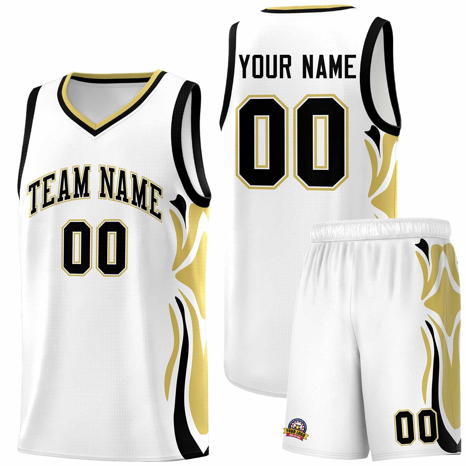 Custom White Black-Old Gold Graffiti Pattern Side Curve Pattern Sports Uniform Basketball Jersey Sets
