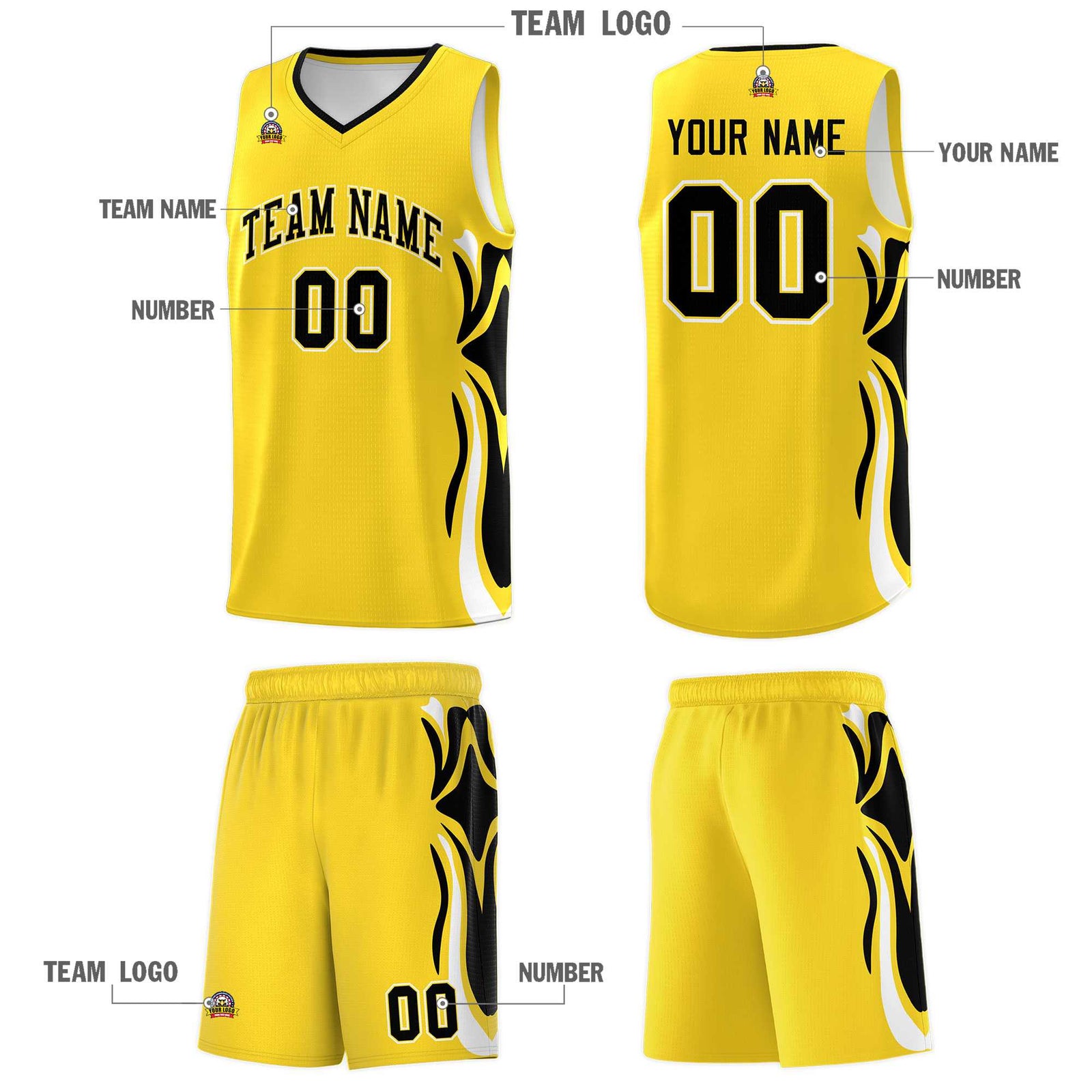 Custom Gold Black-White Graffiti Pattern Side Curve Pattern Sports Uniform Basketball Jersey Sets