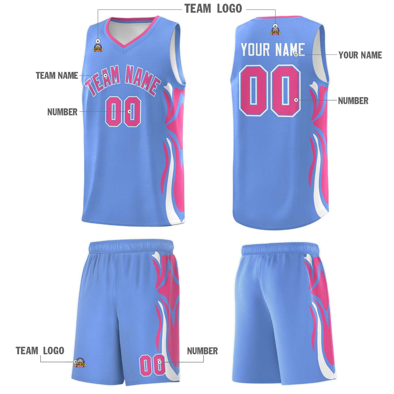 Custom Light Blue Pink-White Graffiti Pattern Side Curve Pattern Sports Uniform Basketball Jersey Sets