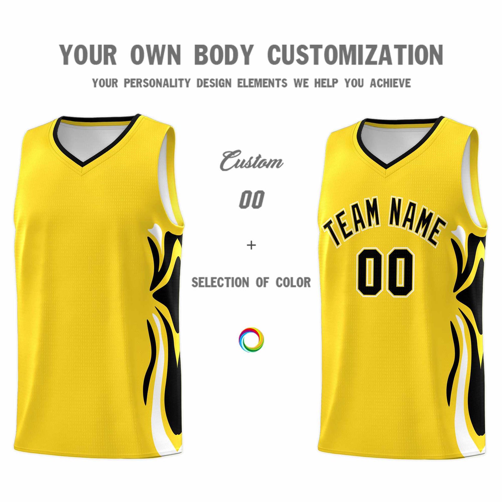 Custom Gold Black-White Graffiti Pattern Side Curve Pattern Sports Uniform Basketball Jersey Sets