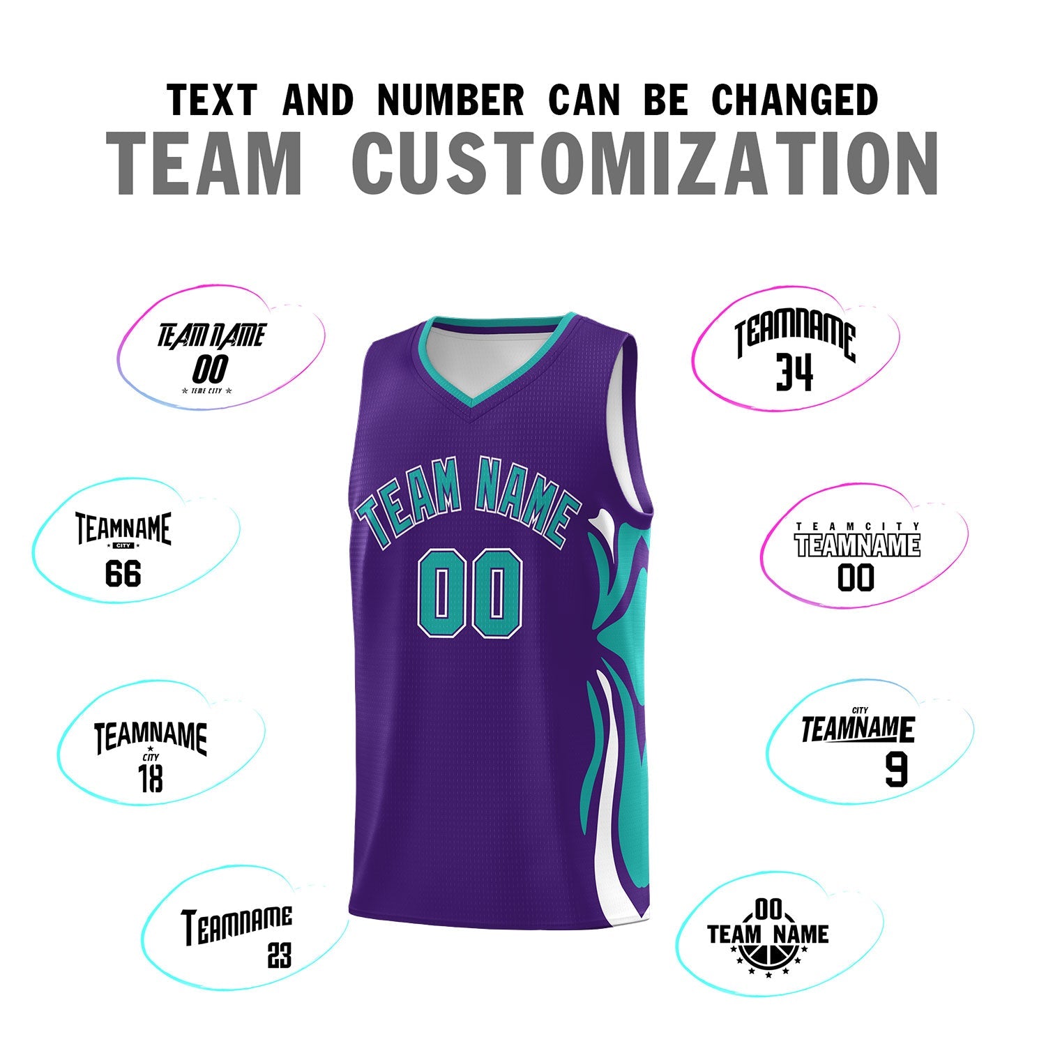 Custom Purple Aqua-White Graffiti Pattern Side Curve Pattern Sports Uniform Basketball Jersey Sets