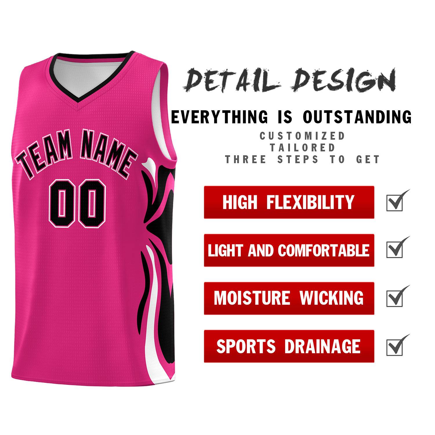 Custom Pink Black-White Graffiti Pattern Side Curve Pattern Sports Uniform Basketball Jersey Sets