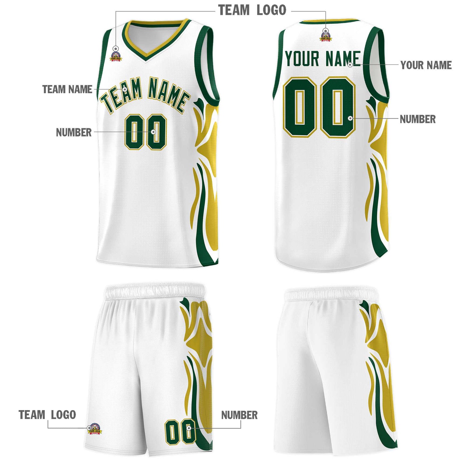 Custom White Green-Old Gold Graffiti Pattern Side Curve Pattern Sports Uniform Basketball Jersey Sets