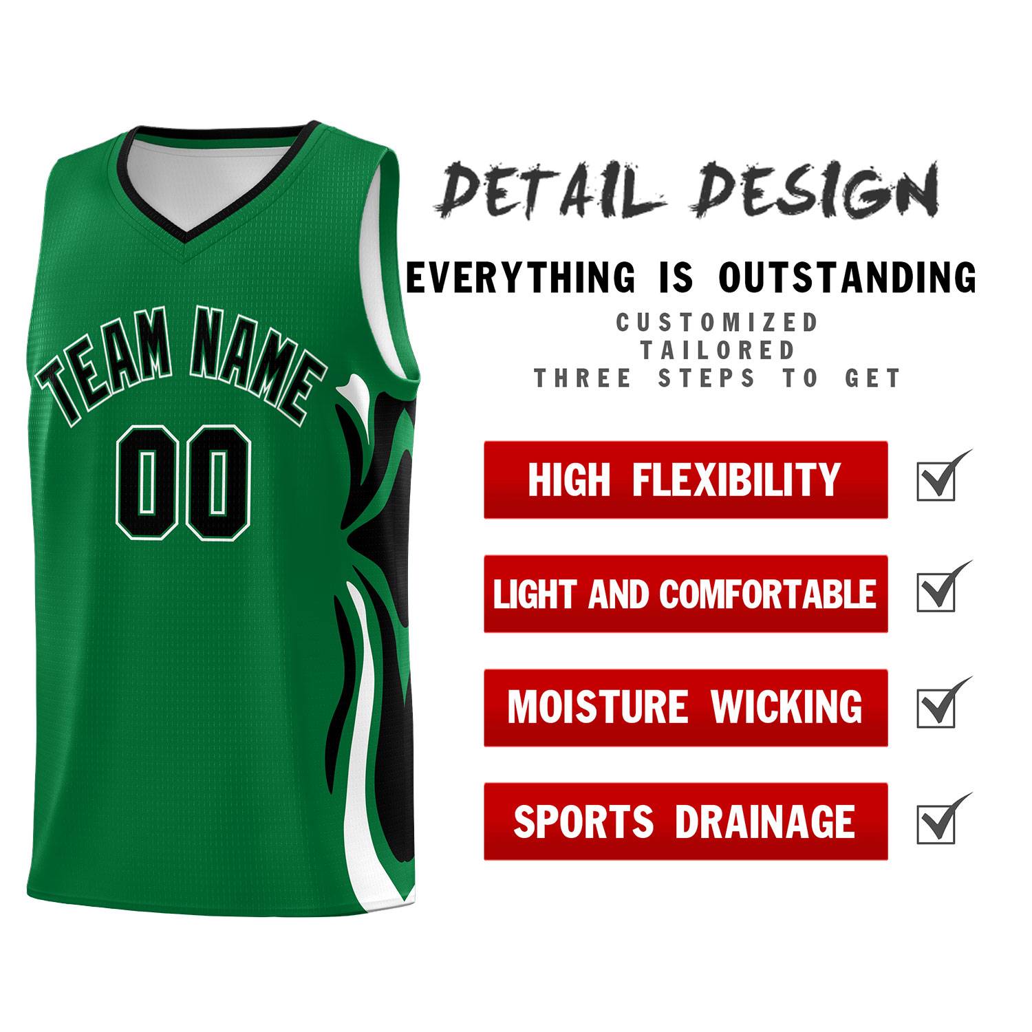 Custom Kelly Green Black-White Graffiti Pattern Side Curve Pattern Sports Uniform Basketball Jersey Sets