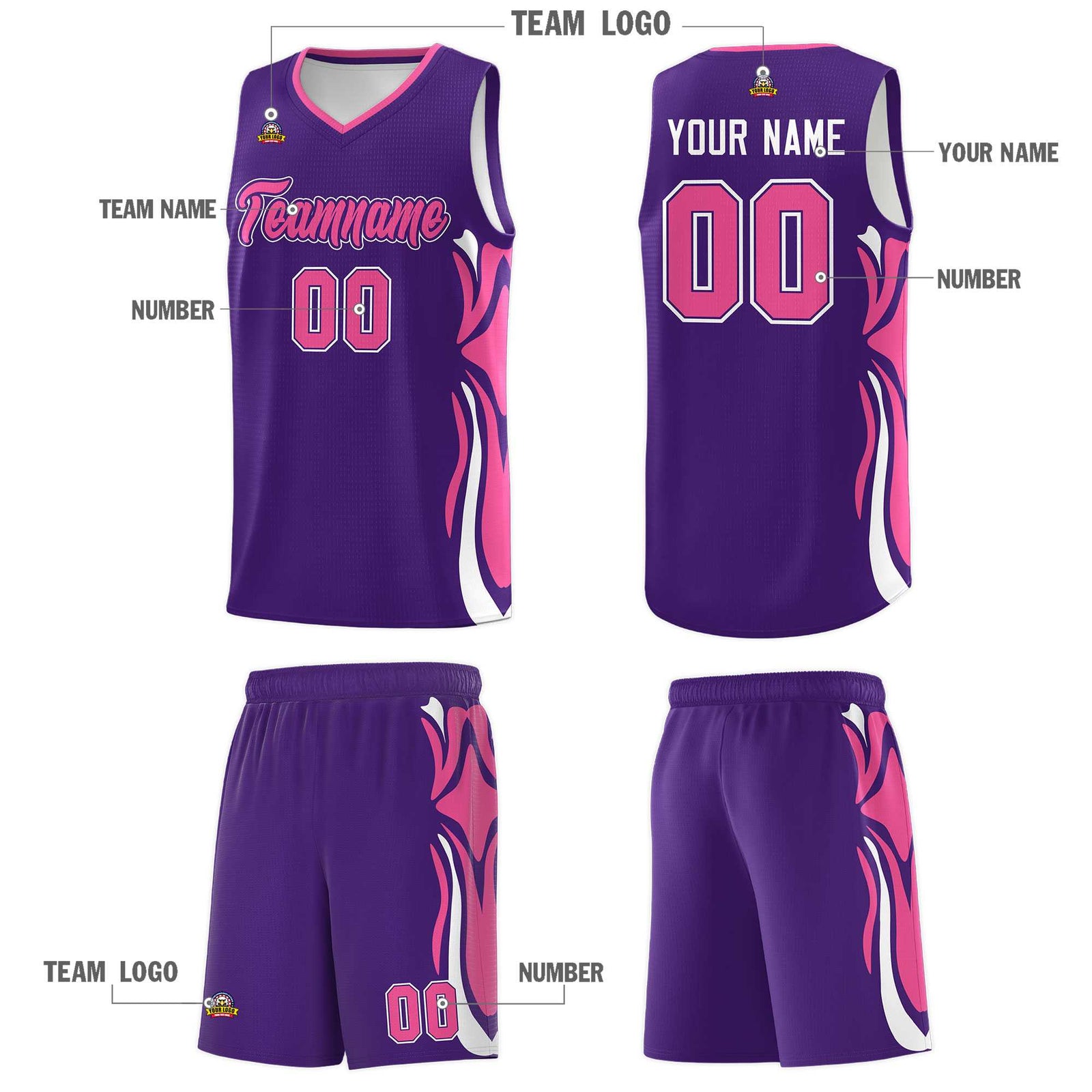 Custom Purple Pink-White Graffiti Pattern Side Curve Pattern Sports Uniform Basketball Jersey Sets