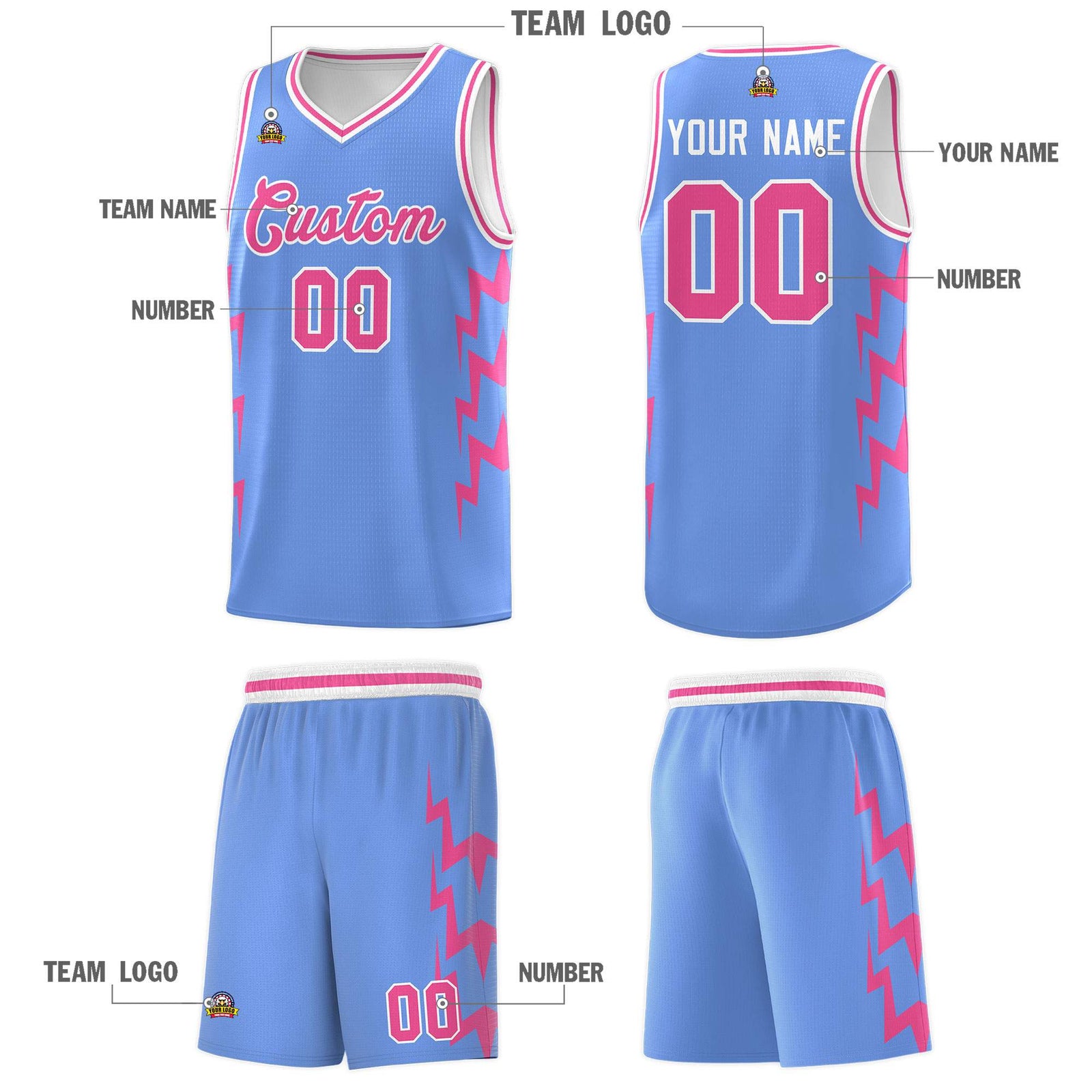 Custom Light Blue Side Lightning Pattern Sports Uniform Basketball Jersey