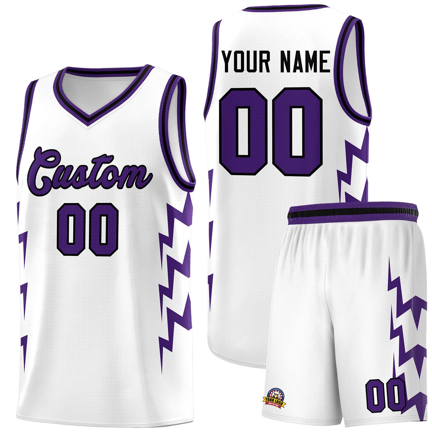 Custom White Side Lightning Pattern Sports Uniform Basketball Jersey