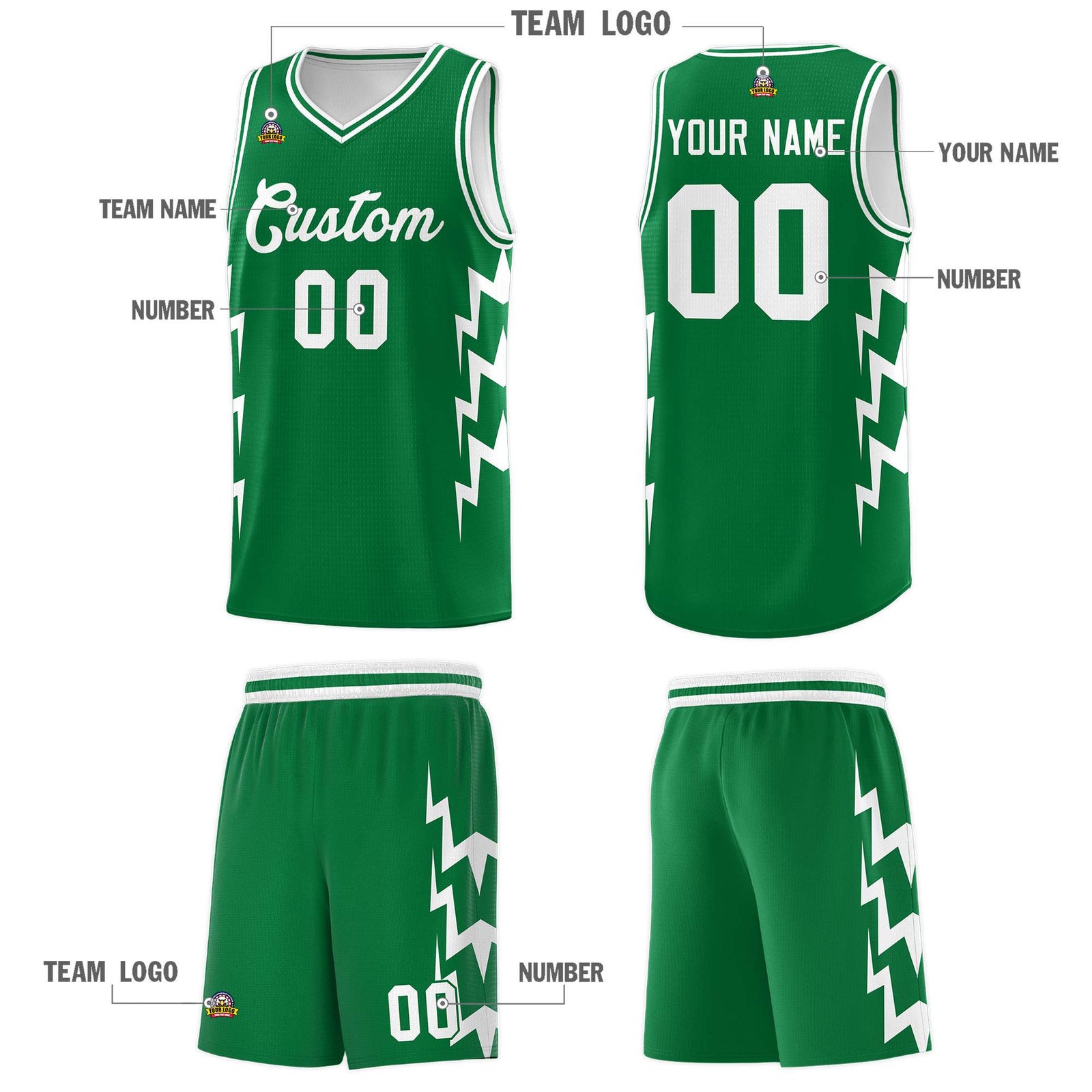 Custom Kelly Green Side Lightning Pattern Sports Uniform Basketball Jersey