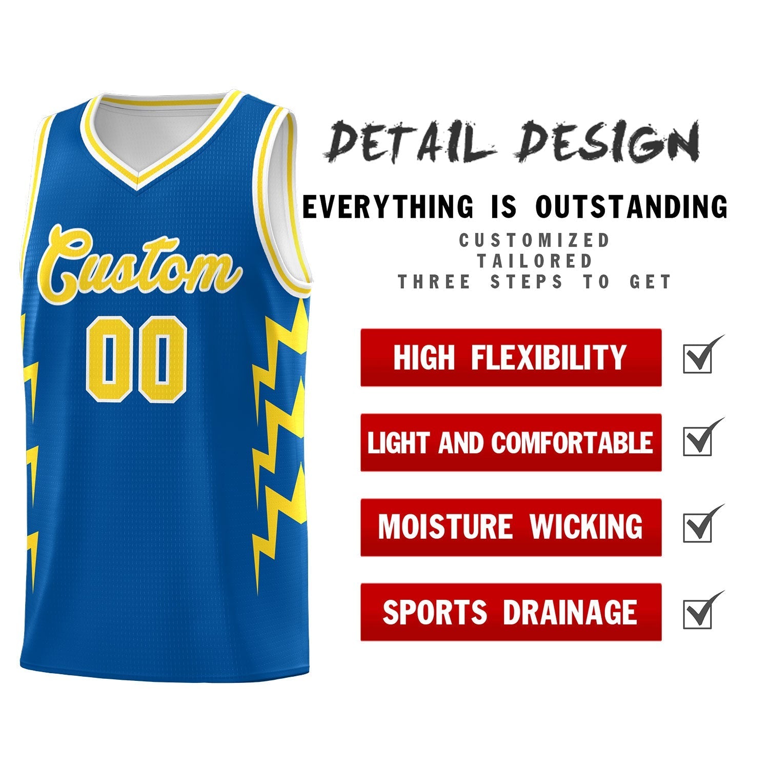 Custom Royal Side Lightning Pattern Sports Uniform Basketball Jersey
