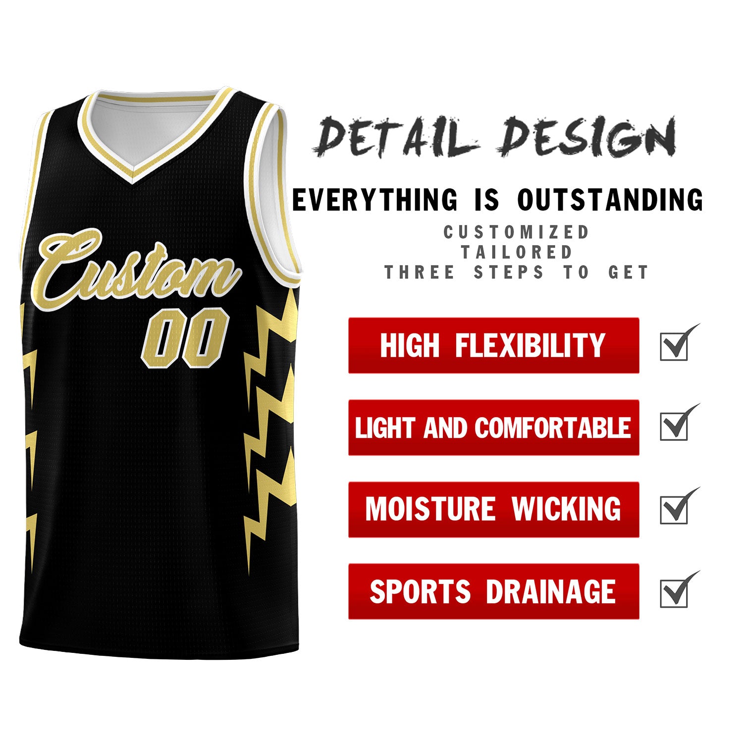 Custom Black Side Lightning Pattern Sports Uniform Basketball Jersey