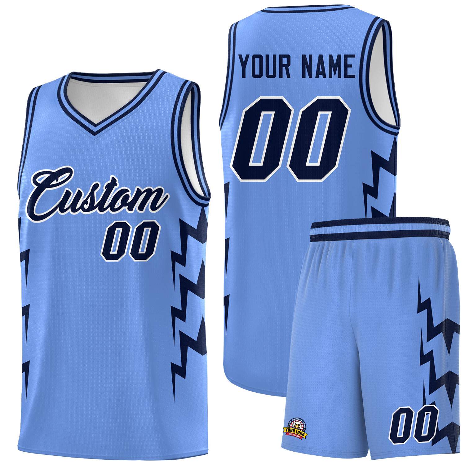 Custom Light Blue Side Lightning Pattern Sports Uniform Basketball Jersey