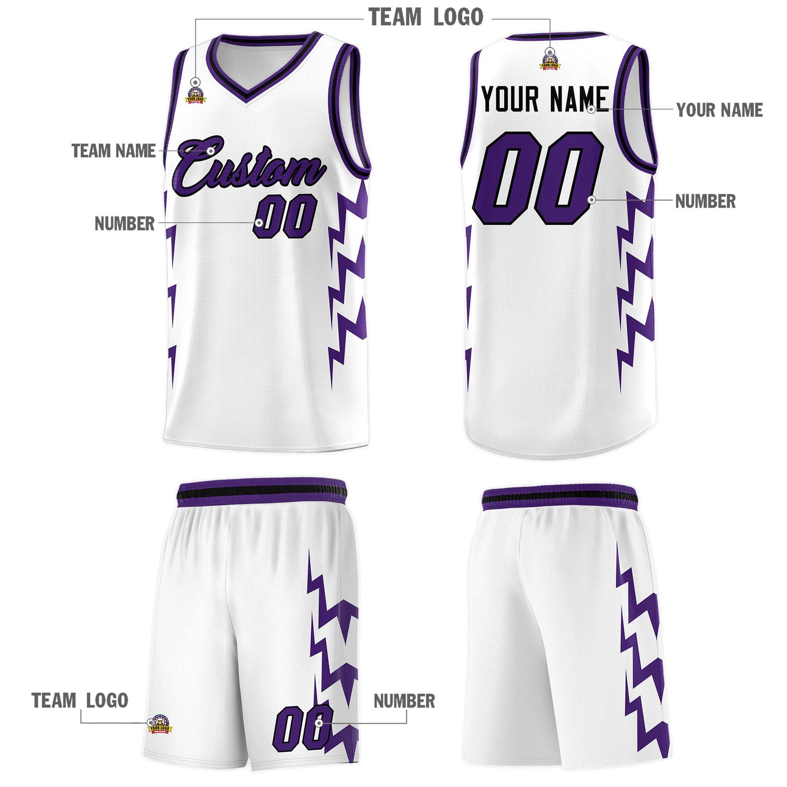 Custom White Side Lightning Pattern Sports Uniform Basketball Jersey