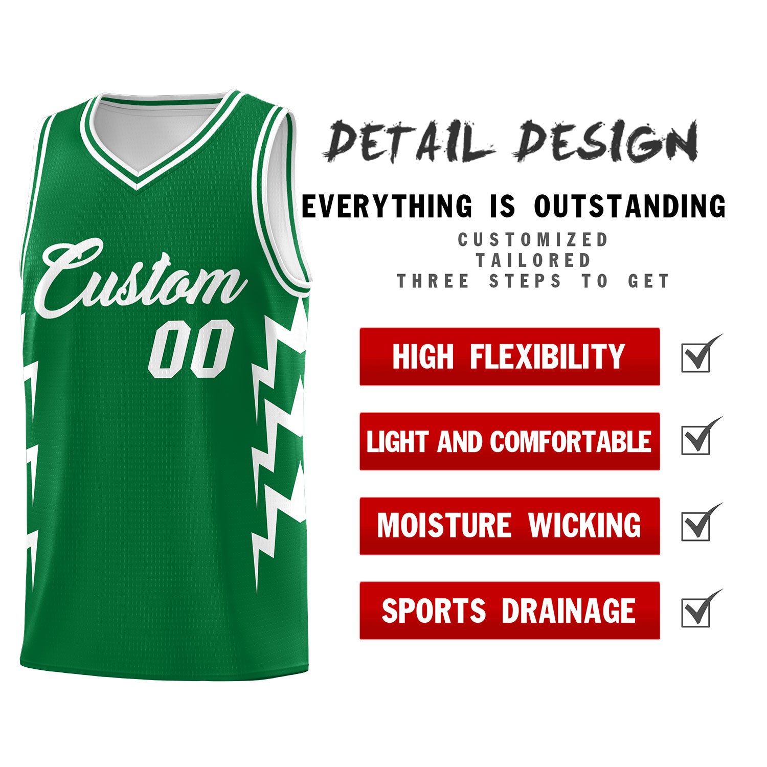 Custom Kelly Green Side Lightning Pattern Sports Uniform Basketball Jersey