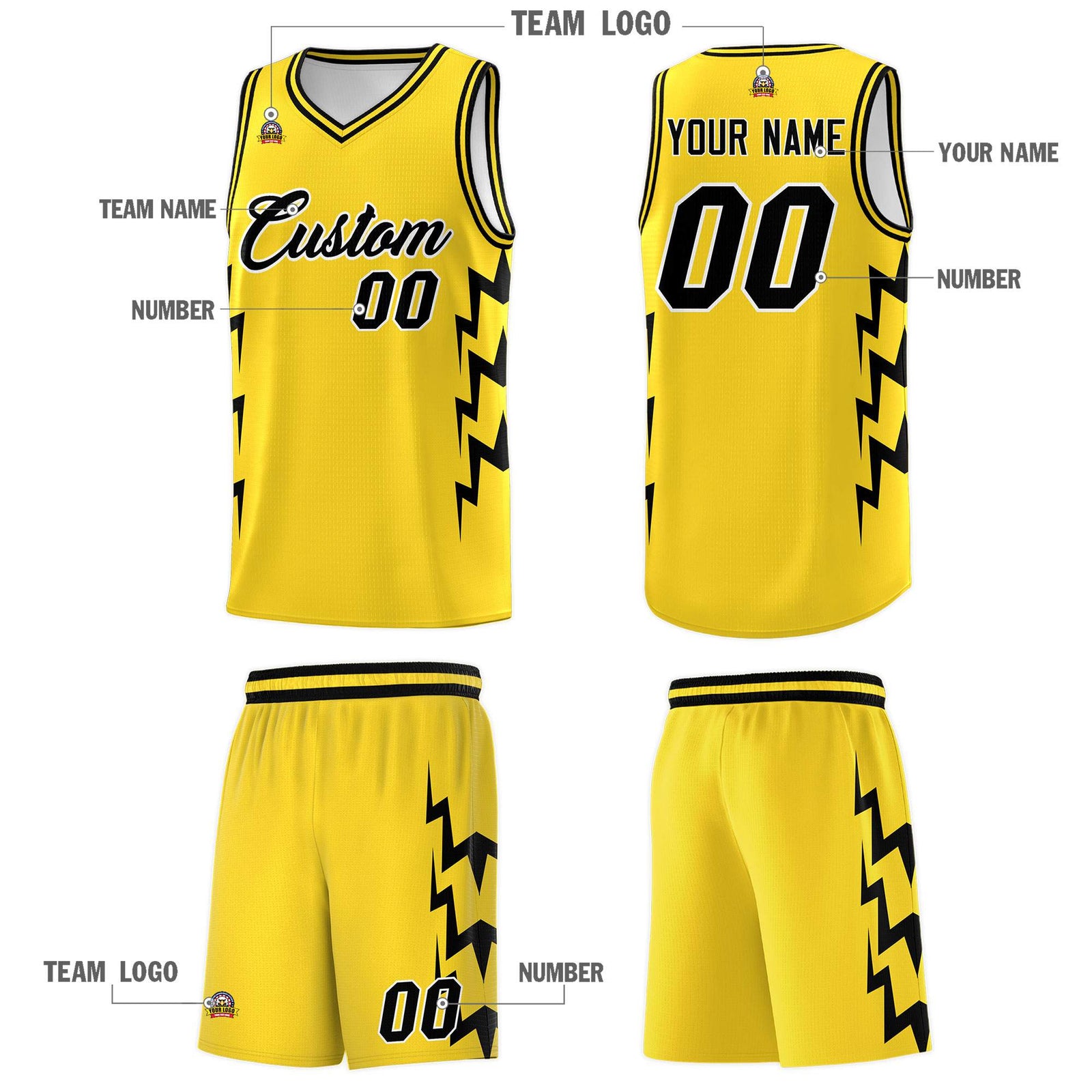 Custom Gold Side Lightning Pattern Sports Uniform Basketball Jersey