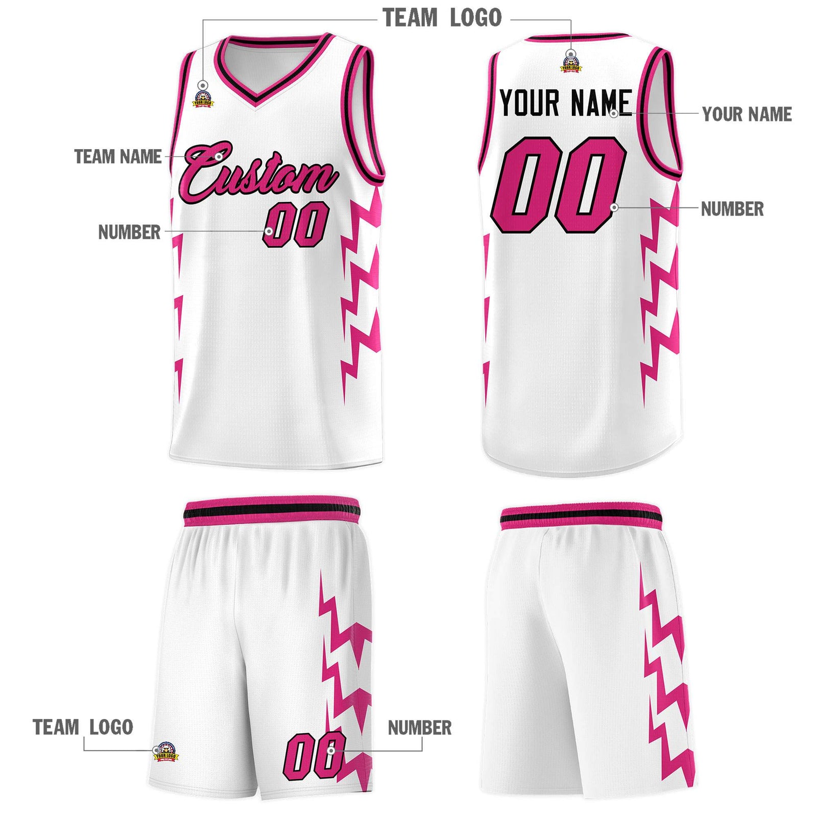 Custom White Side Lightning Pattern Sports Uniform Basketball Jersey