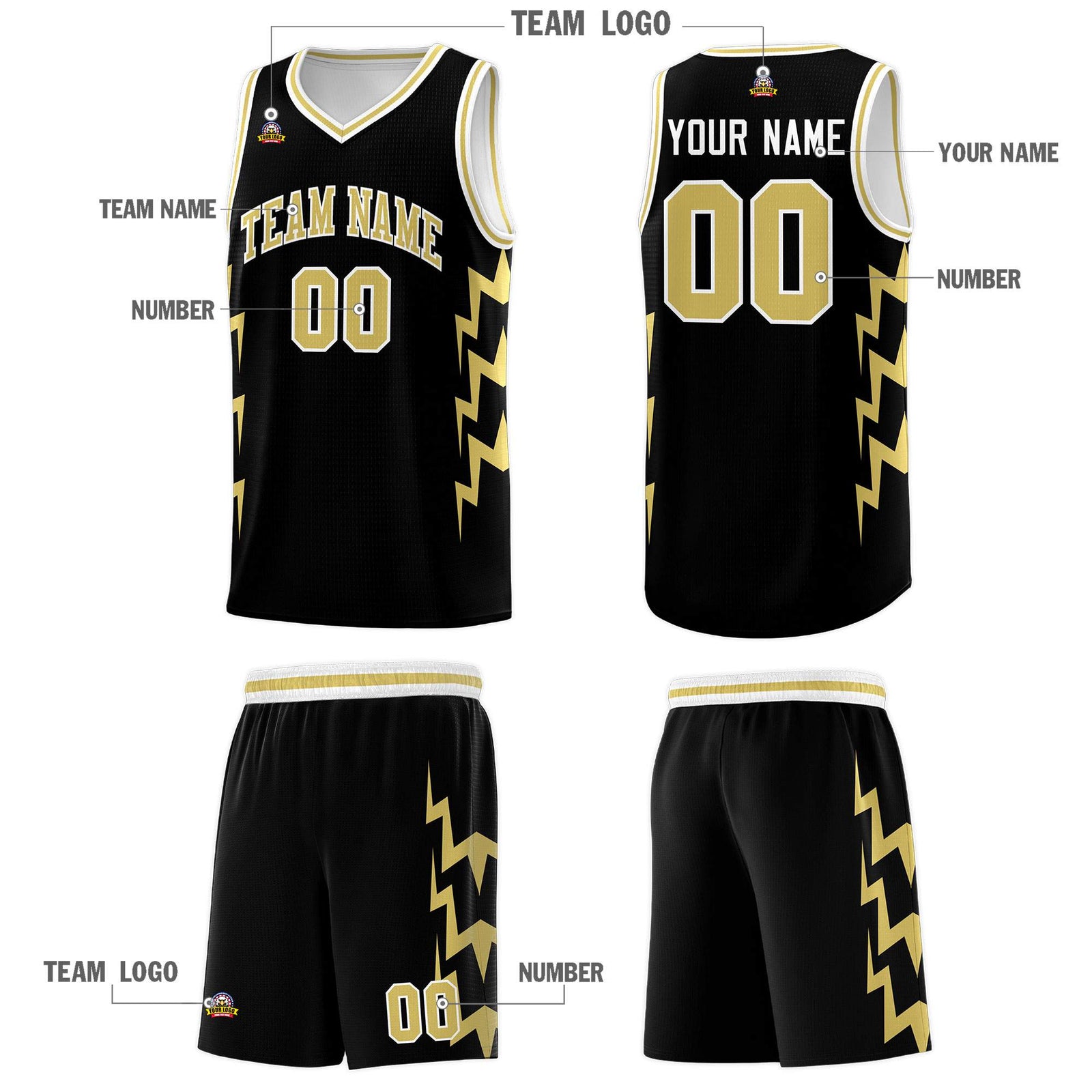 Custom Black Side Lightning Pattern Sports Uniform Basketball Jersey
