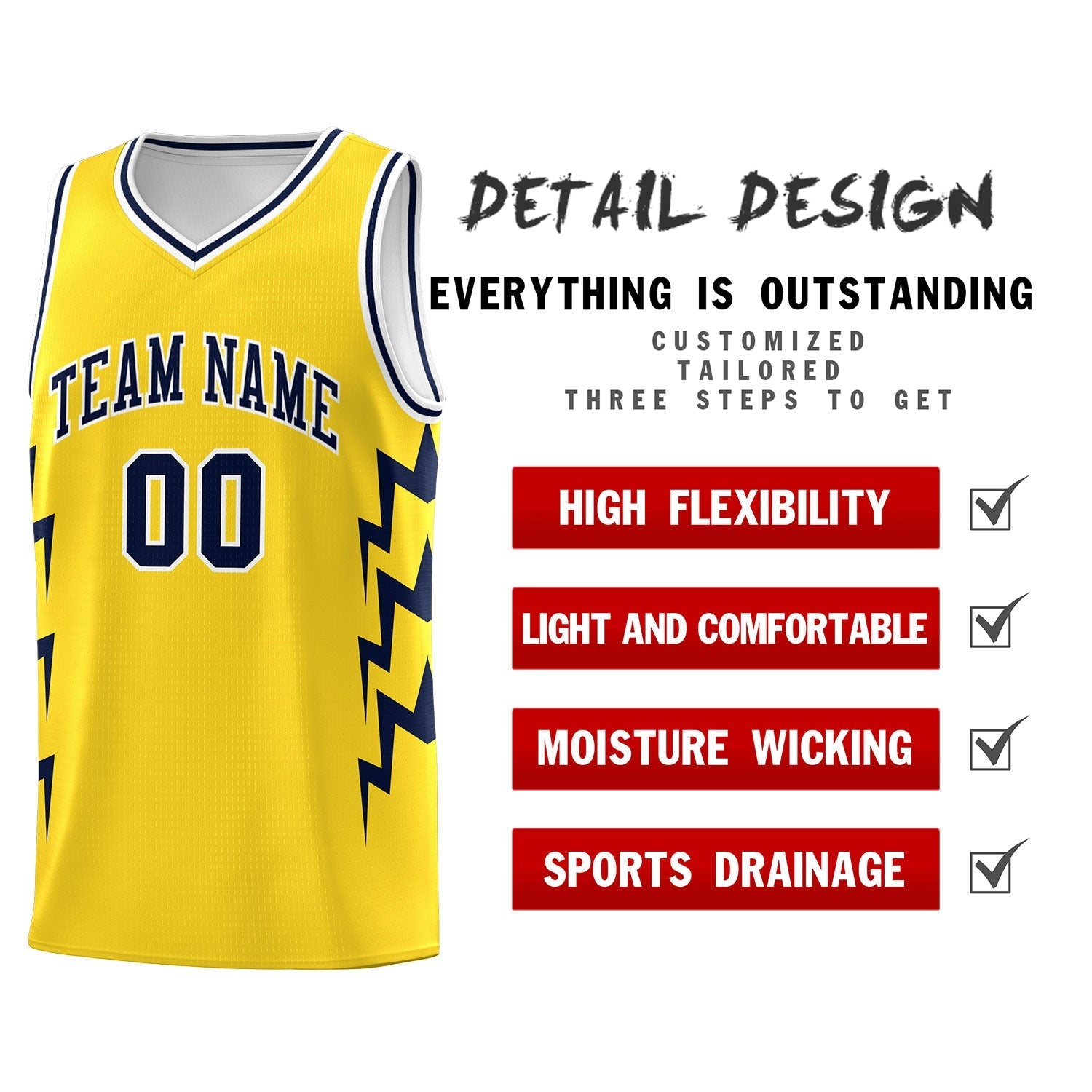 Custom Gold Side Lightning Pattern Sports Uniform Basketball Jersey