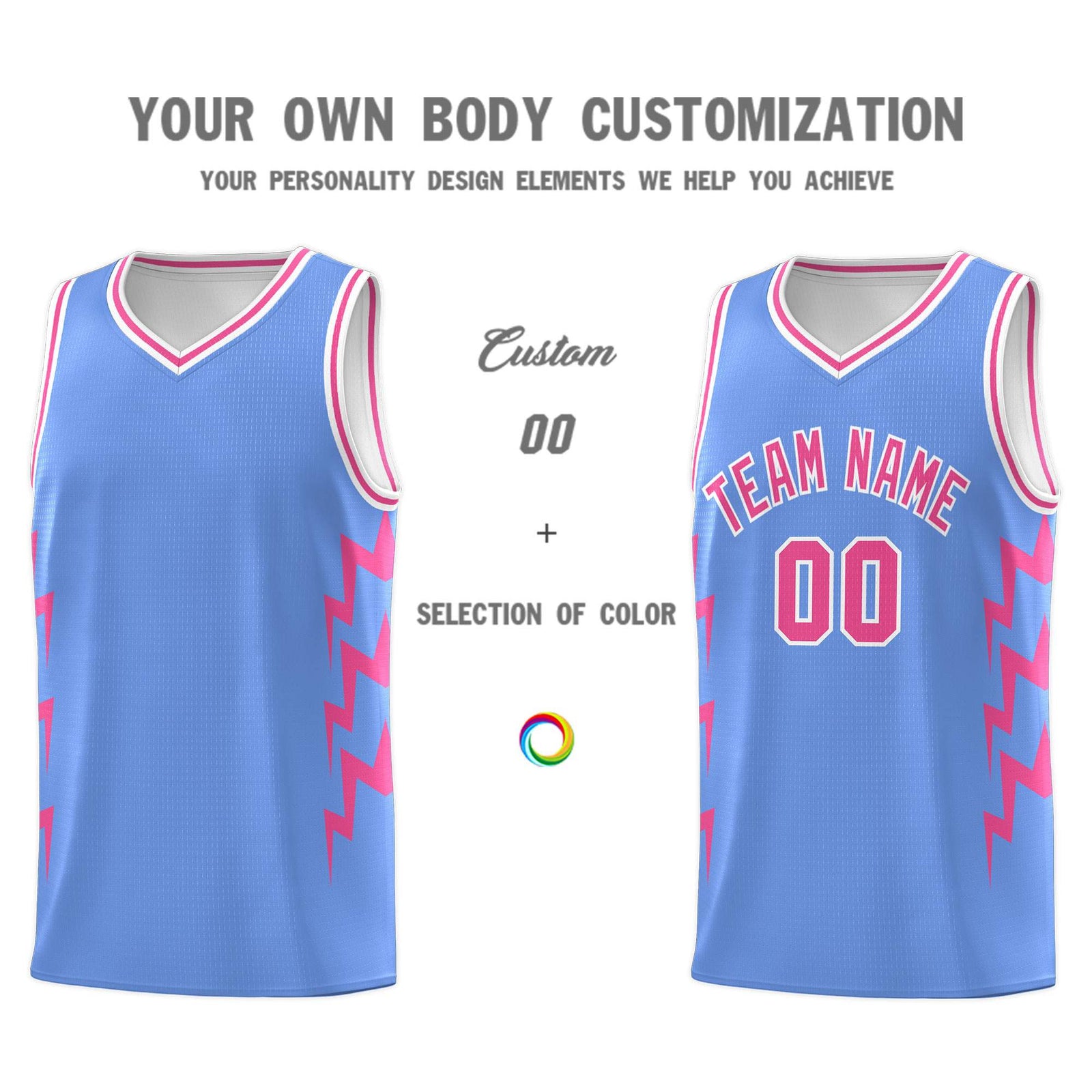 Custom Light Blue Side Lightning Pattern Sports Uniform Basketball Jersey