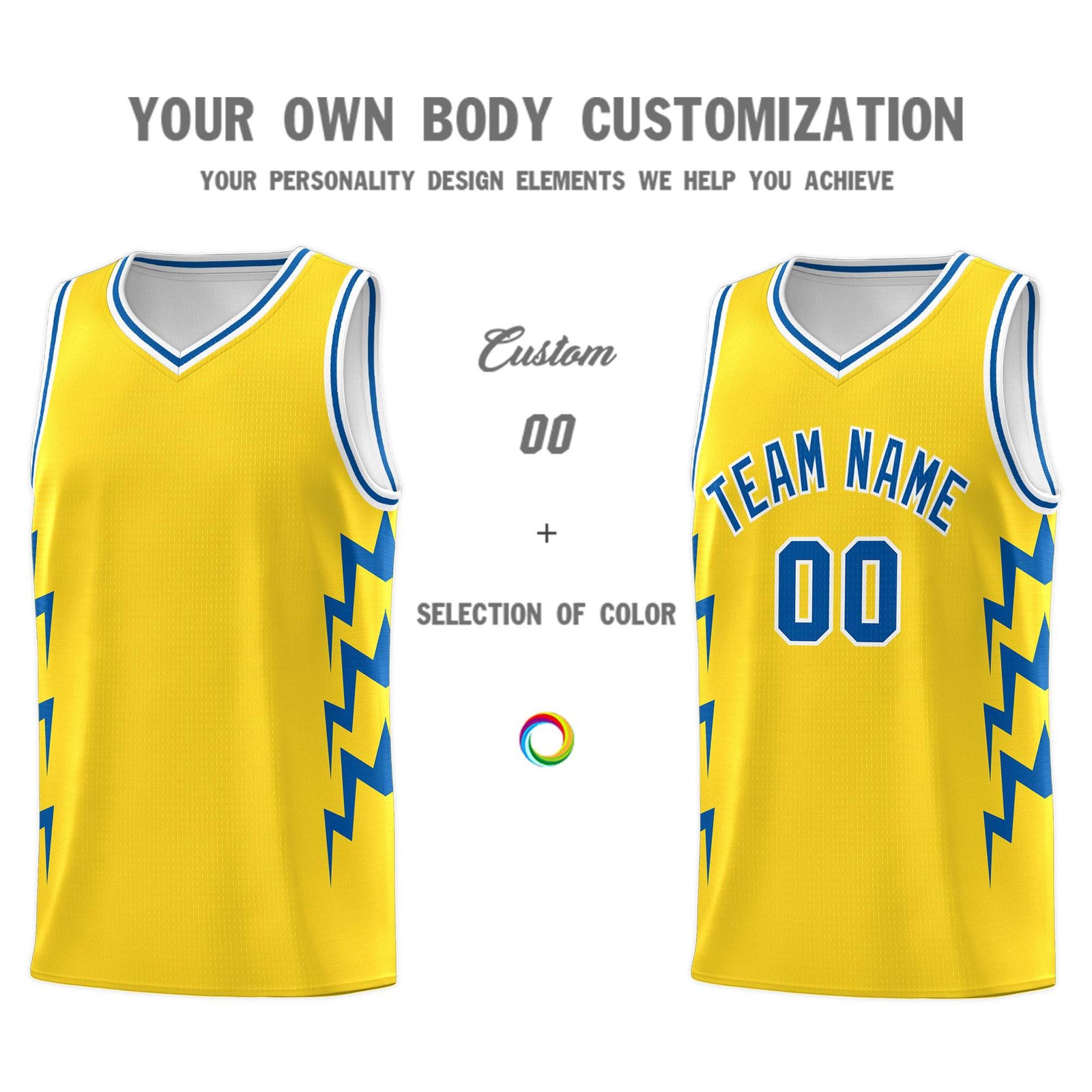 Custom Gold Side Lightning Pattern Sports Uniform Basketball Jersey
