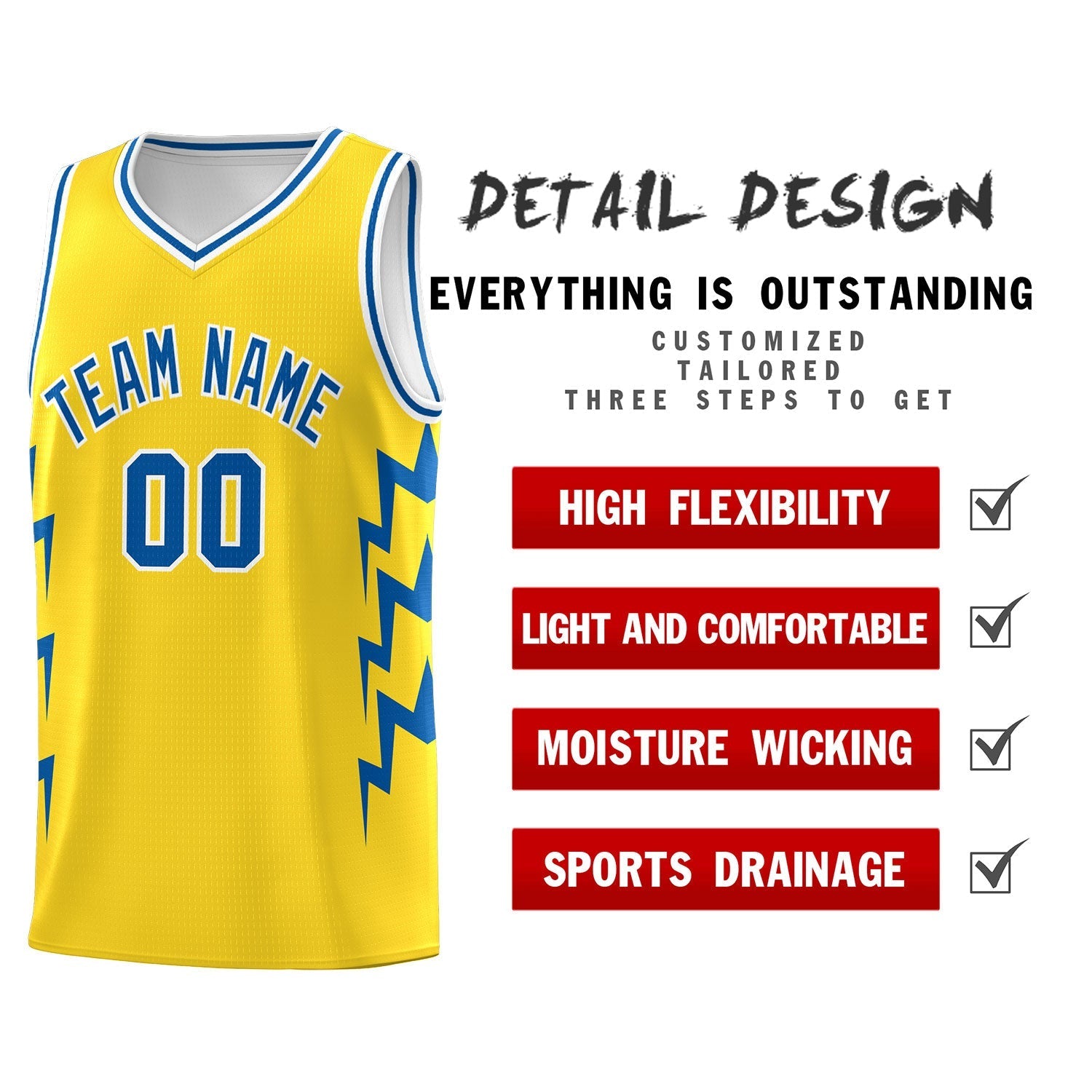 Custom Gold Side Lightning Pattern Sports Uniform Basketball Jersey