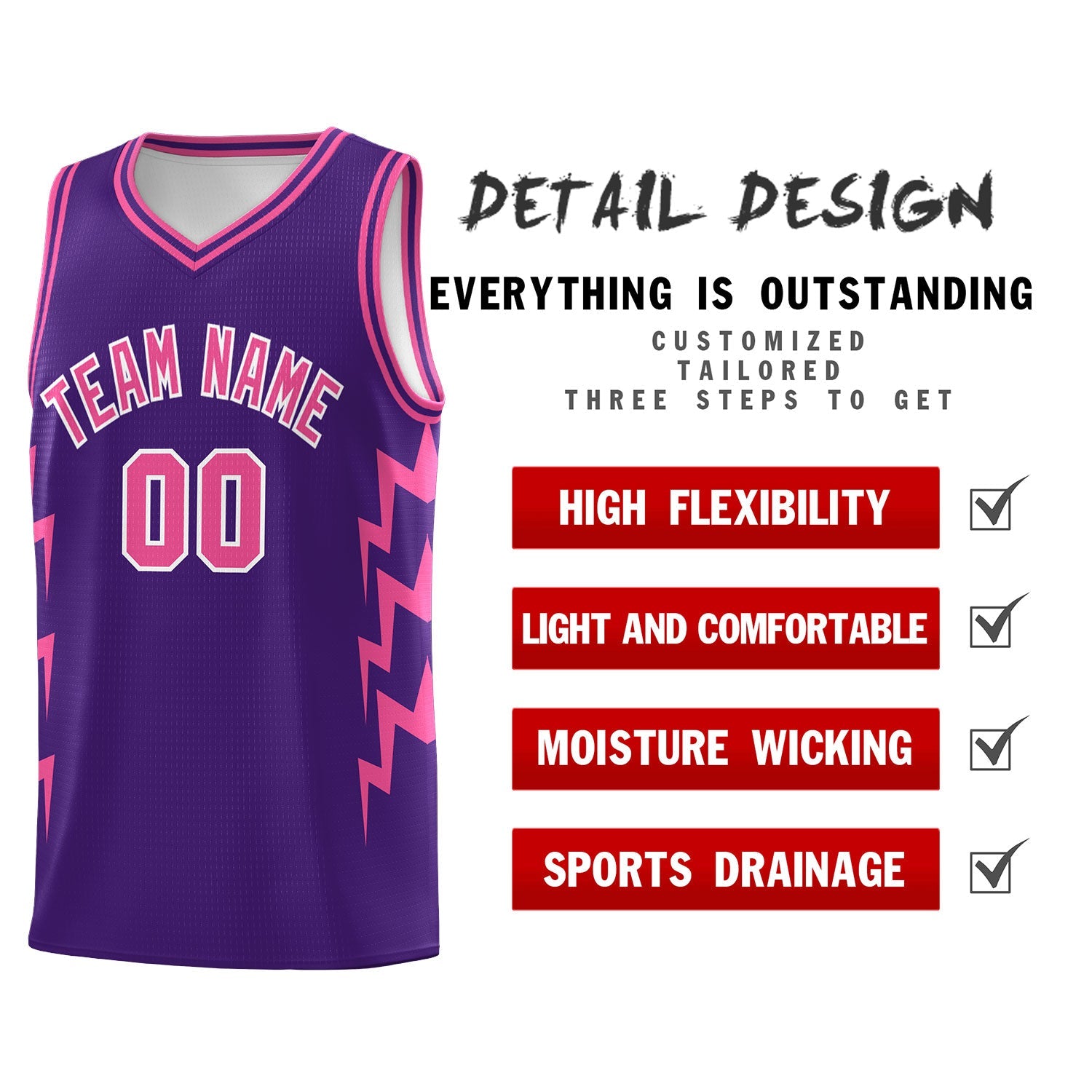 Custom Purple Side Lightning Pattern Sports Uniform Basketball Jersey