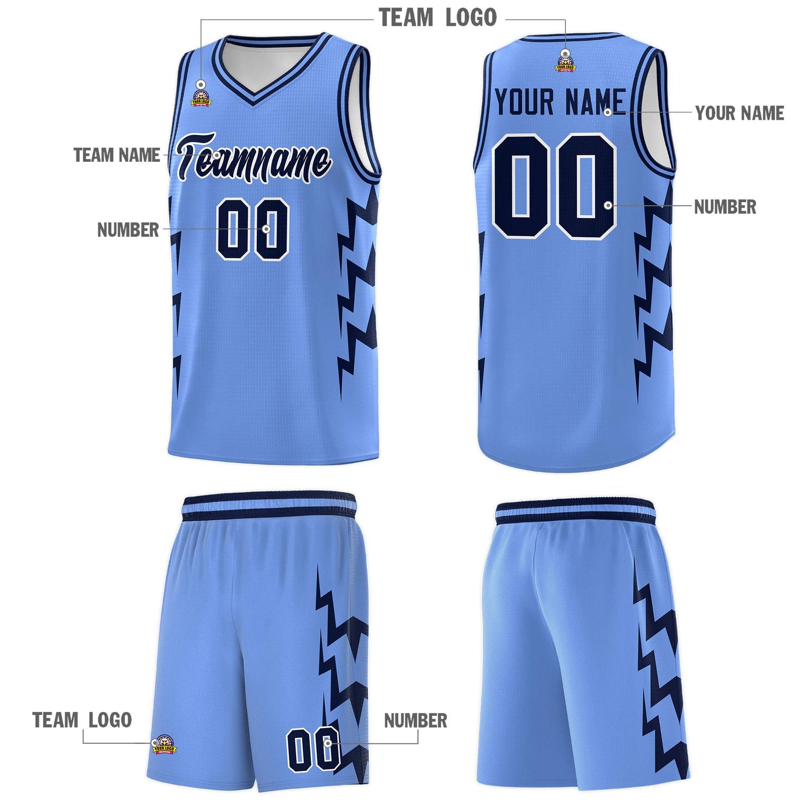 Custom Light Blue Side Lightning Pattern Sports Uniform Basketball Jersey