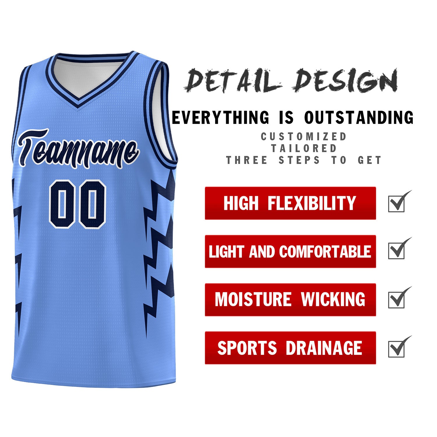Custom Light Blue Side Lightning Pattern Sports Uniform Basketball Jersey