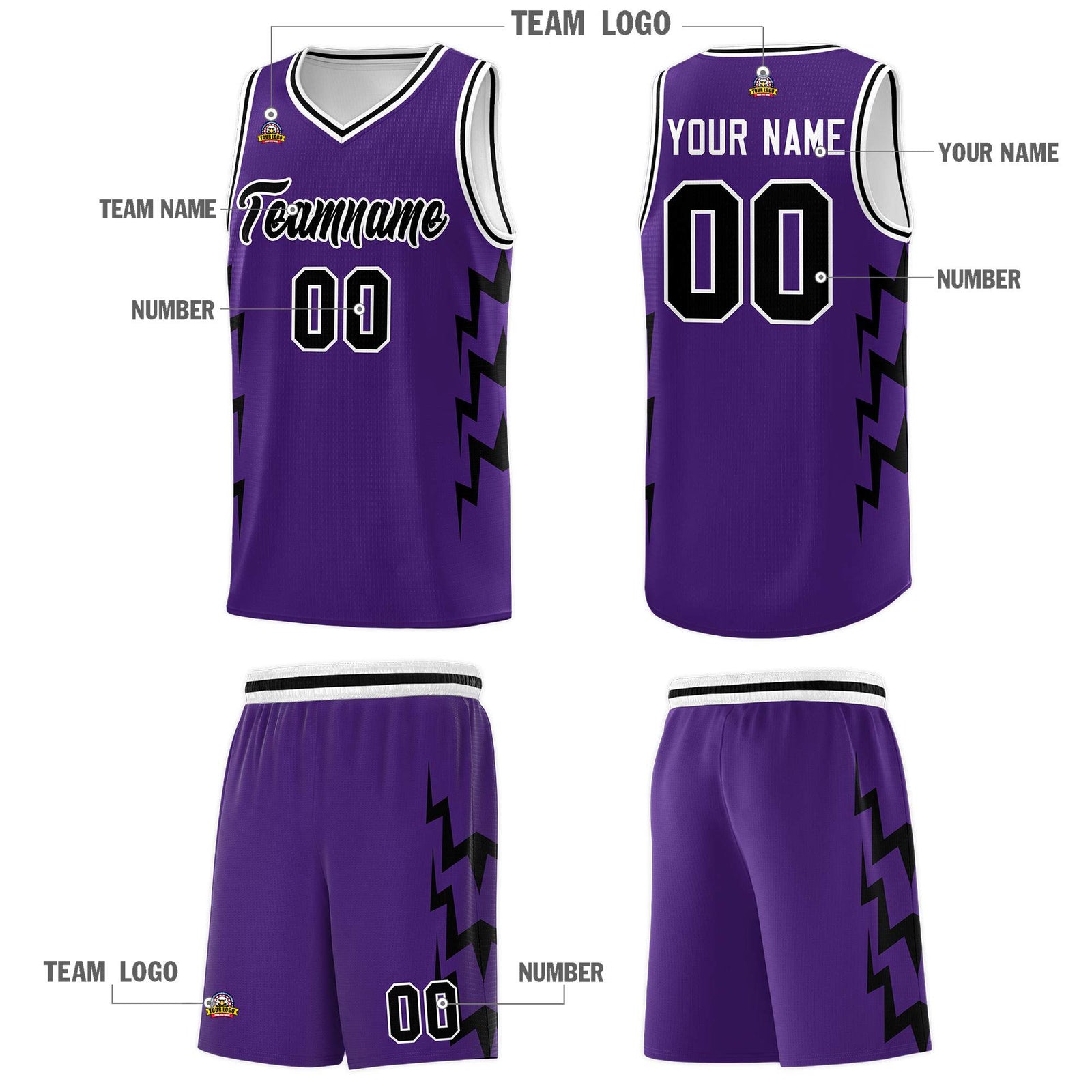 Custom Purple Side Lightning Pattern Sports Uniform Basketball Jersey
