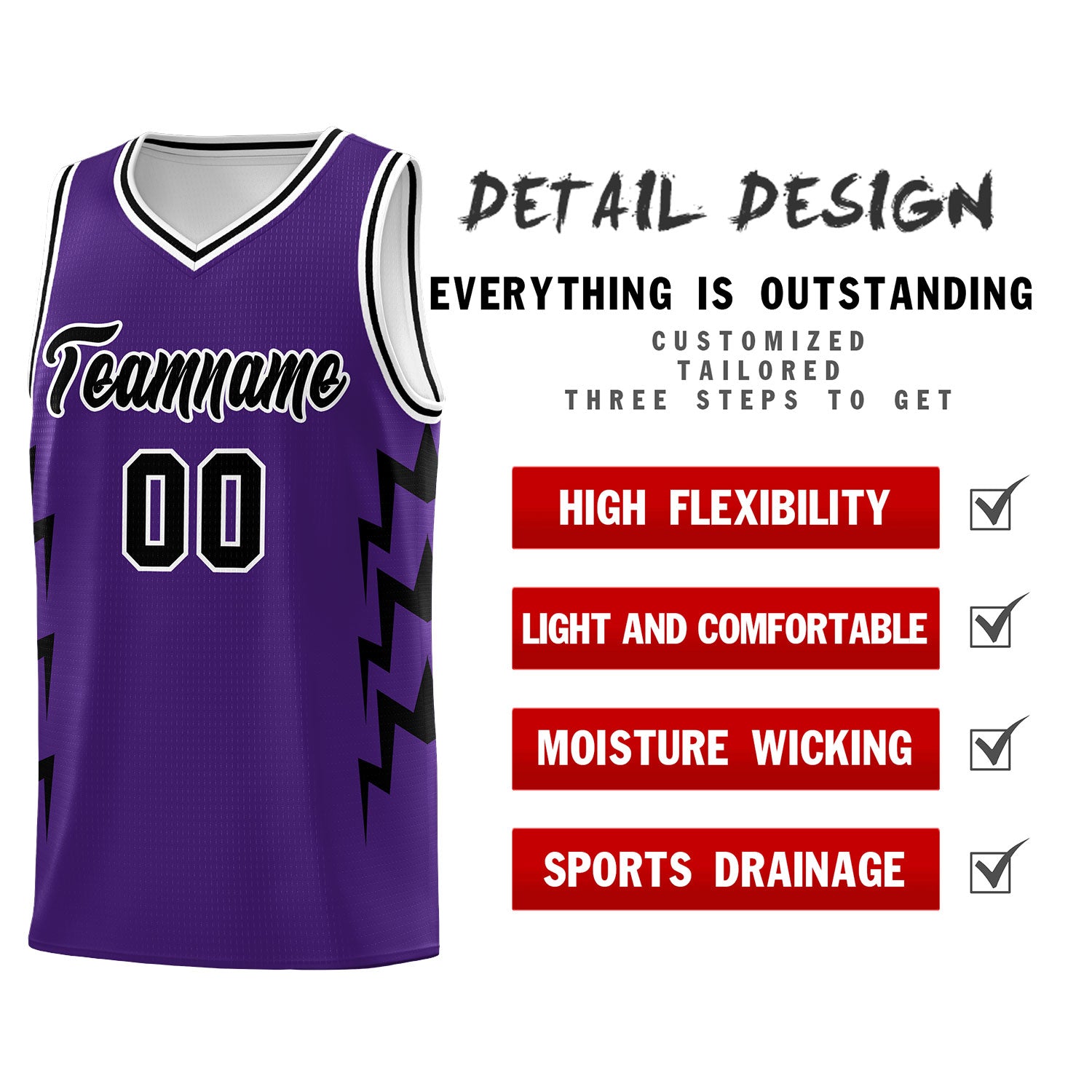 Custom Purple Side Lightning Pattern Sports Uniform Basketball Jersey