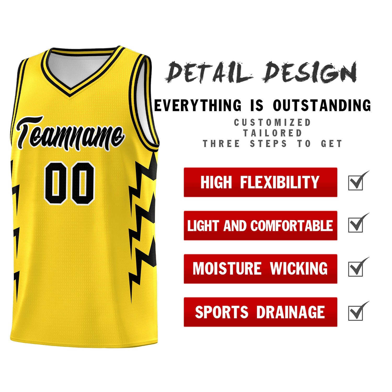 Custom Gold Side Lightning Pattern Sports Uniform Basketball Jersey