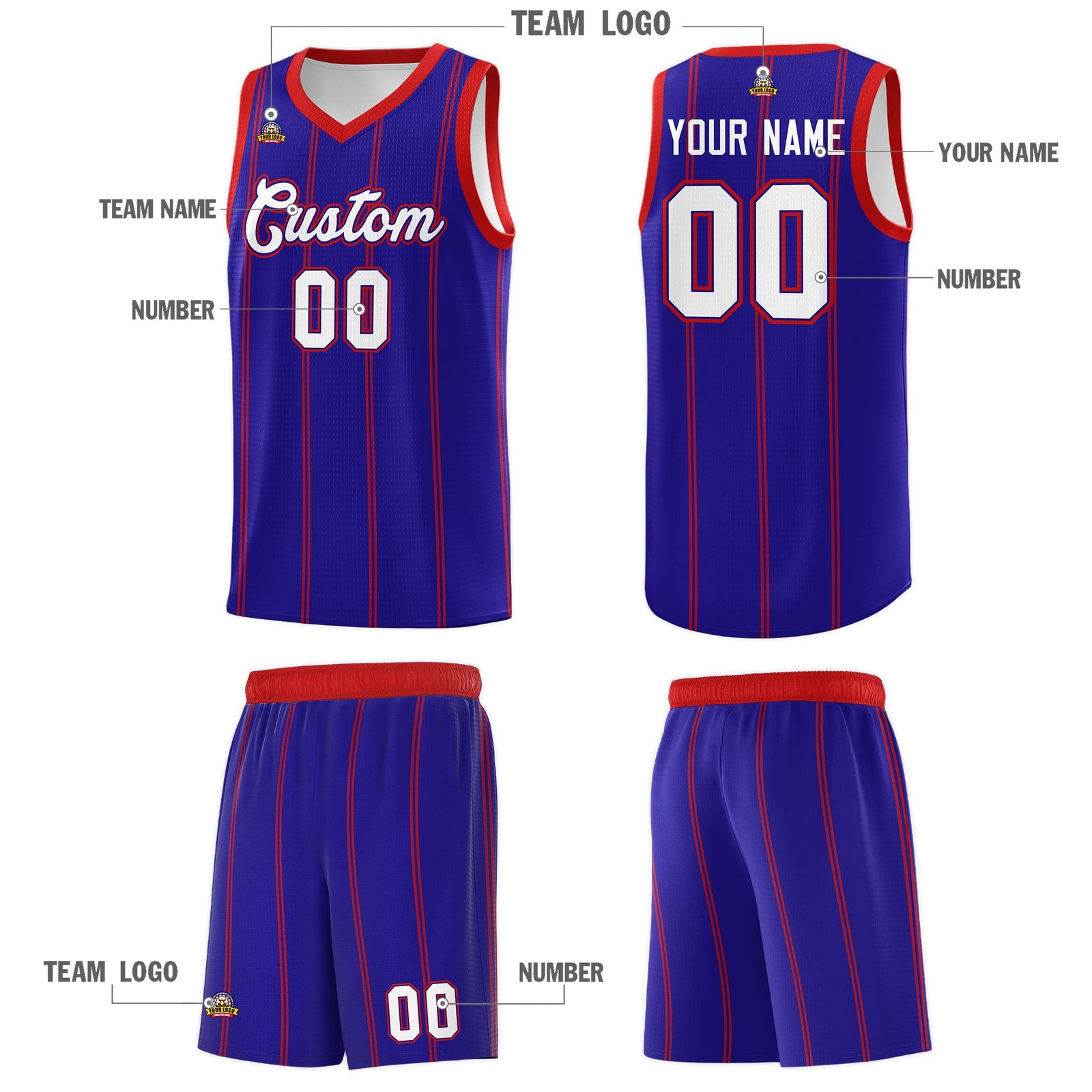 Custom Royal Blue Red White Vertical Stripes Single Sided Sets Basketball Jersey | For Men,Stitched,Perfect for Training,Add Name and Numbern | KXKSHOP