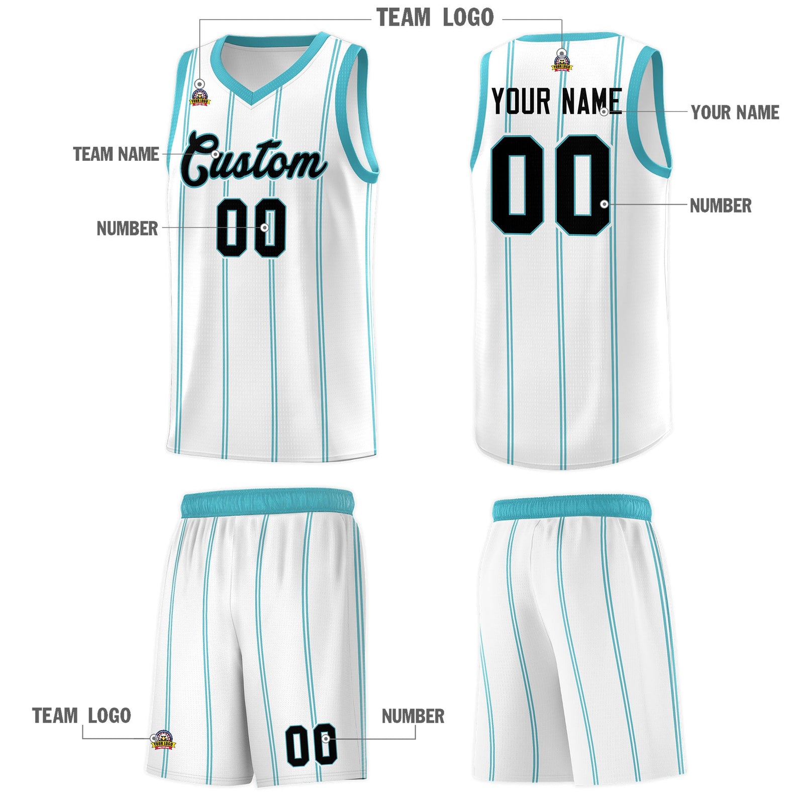Custom White Sky Blue Black Vertical Stripes Single Sided Sets Basketball Jersey | For Men,Stitched,Perfect for Training,Add Name and Numbern | KXKSHOP
