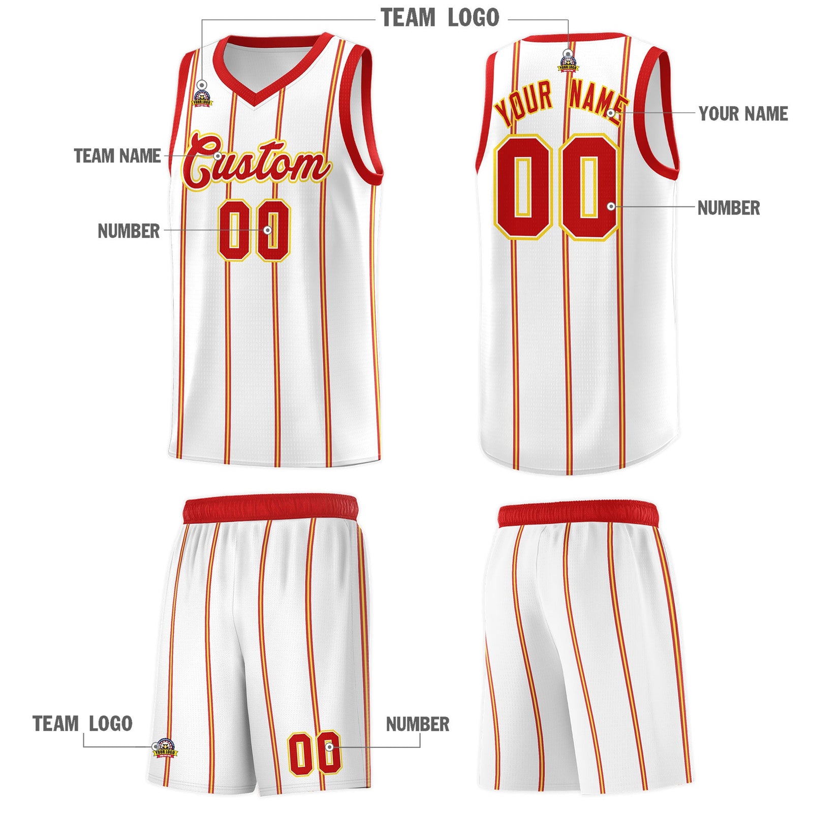 Custom White Red Gold Vertical Stripes Single Sided Sets Basketball Jersey | For Men,Stitched,Perfect for Training,Add Name and Numbern | KXKSHOP