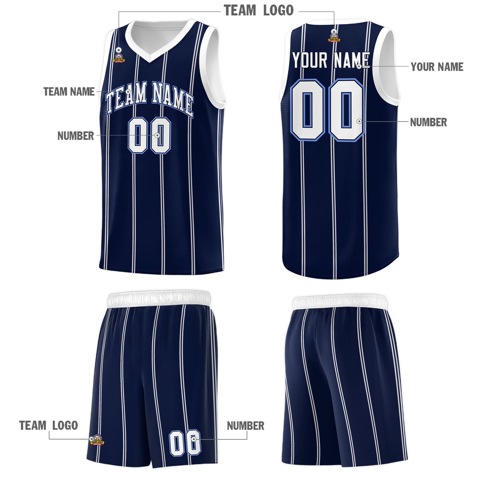 Custom Navy White Light Blue Vertical Stripes Single Sided Sets Basketball Jersey | For Men,Stitched,Perfect for Training,Add Name and Numbern | KXKSHOP