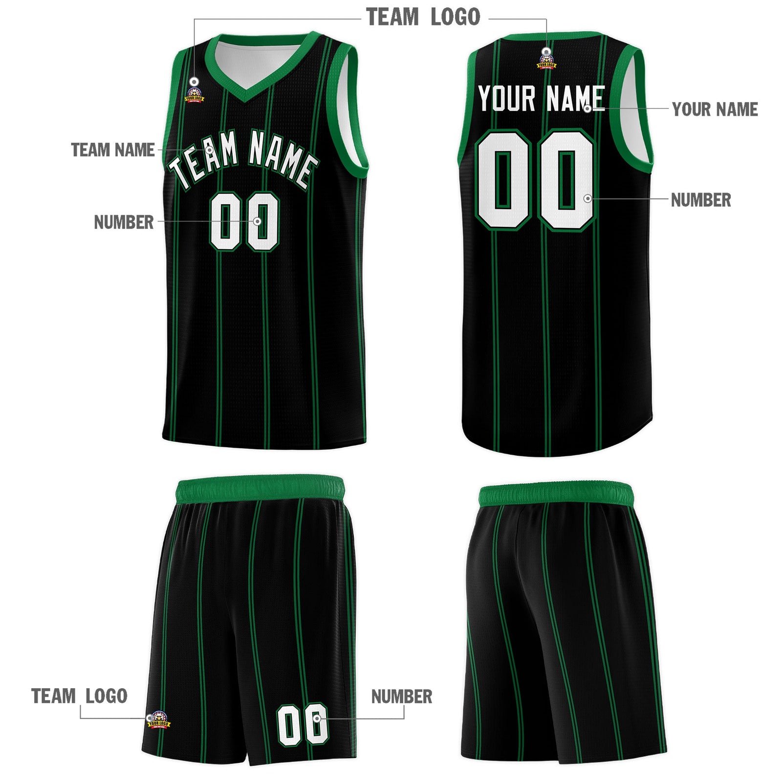 Custom Black Kelly Green White Vertical Stripes Single Sided Sets Basketball Jersey | For Men,Stitched,Perfect for Training,Add Name and Numbern | KXKSHOP