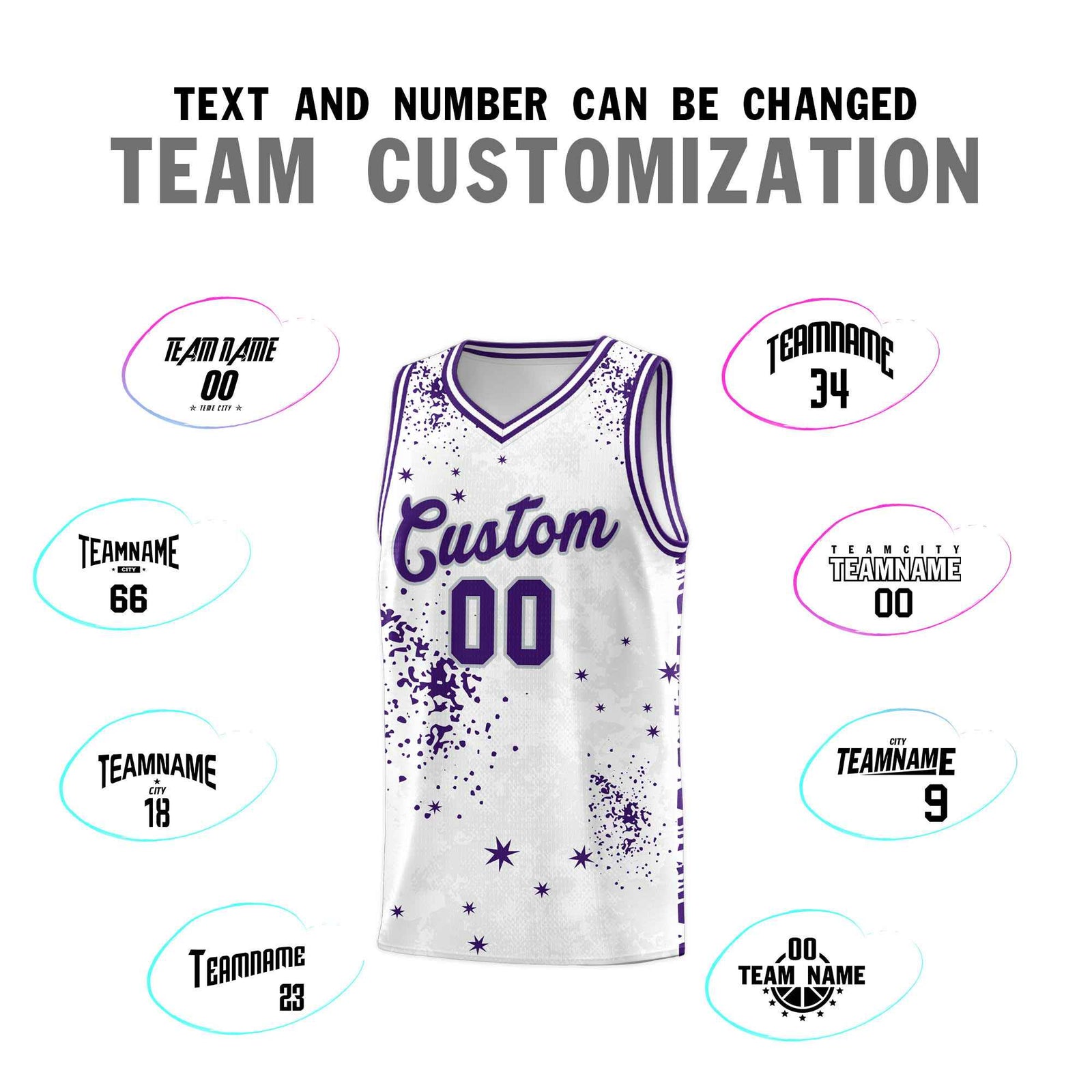 Custom White Purple Vice Burst Galactic Graffiti Moisture-Wicking Basketball Jersey